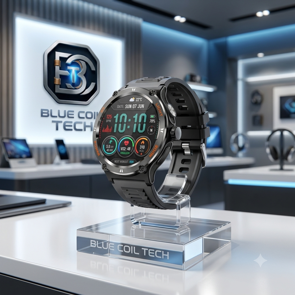 Rugged smart watch on a clear Blue Coil Tech display stand in a modern retail store.