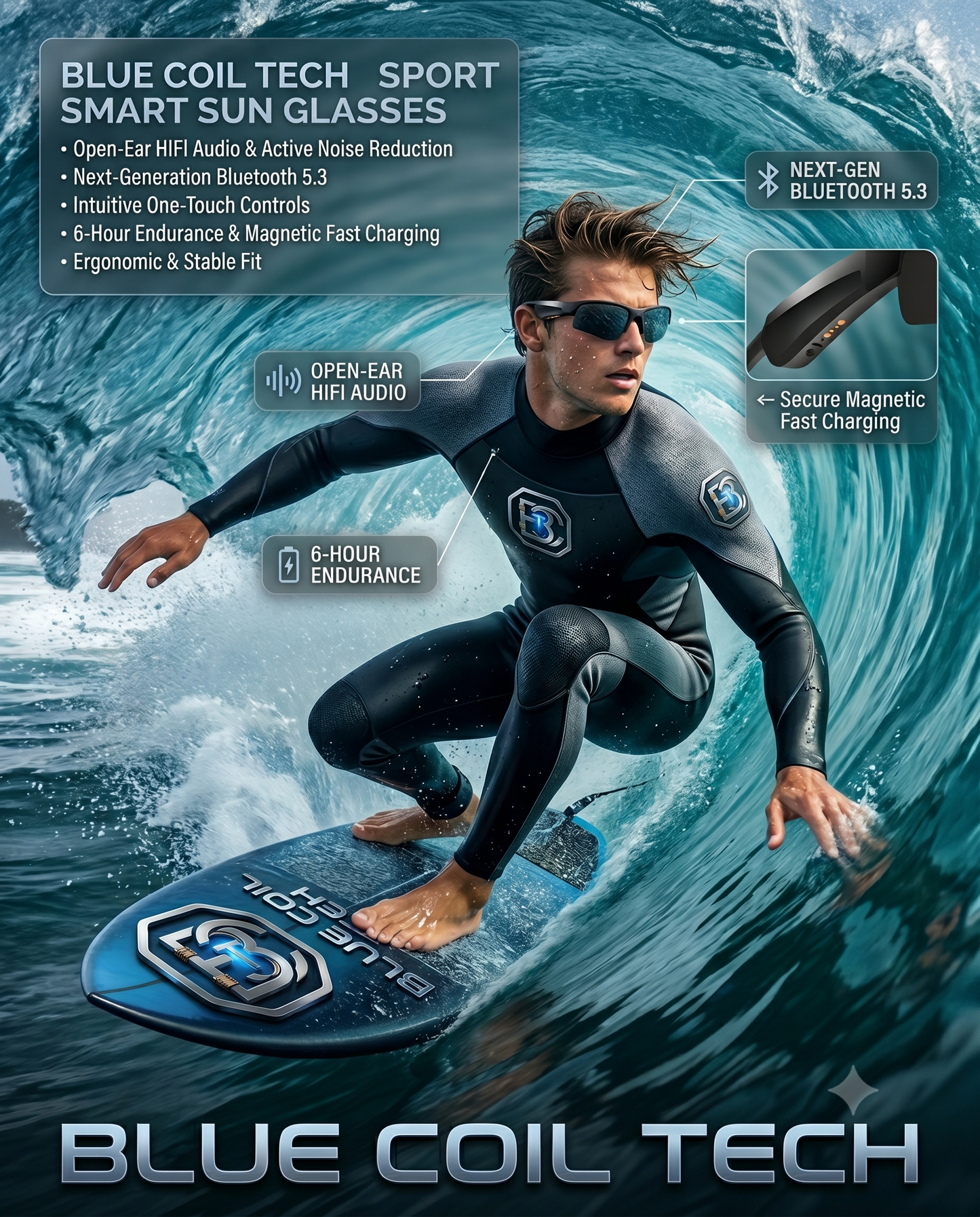 Blue Coil Tech Bluetooth Audio Sunglasses | Open-Ear Sports