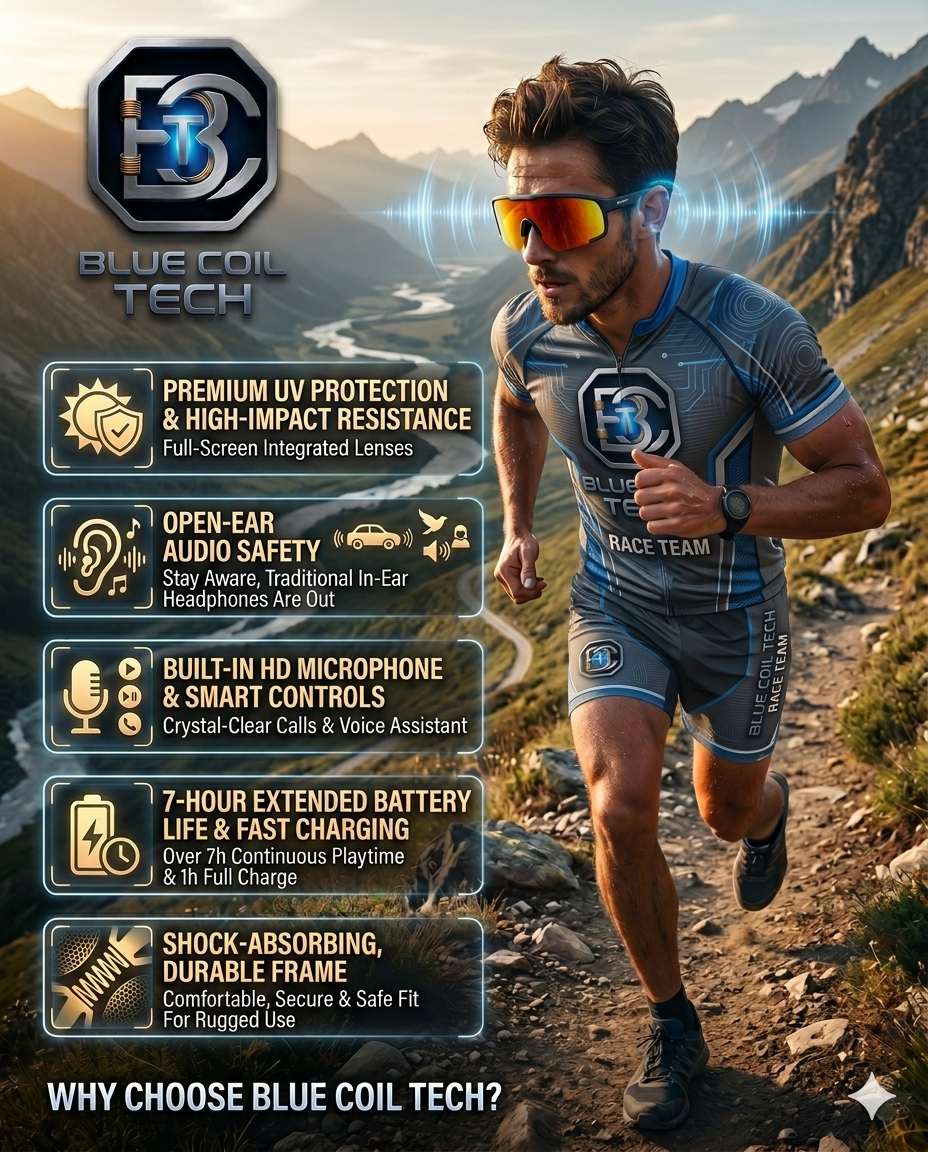 Blue Coil Tech Bluetooth Audio Sunglasses – Smart Wireless Sport Design with Microphone