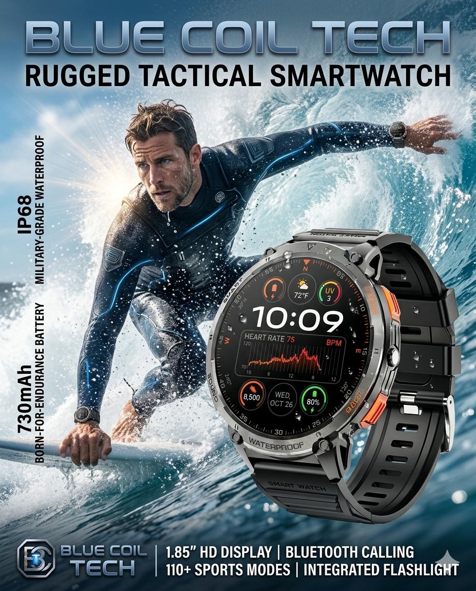 Blue Coil Tech Men's Tactical Smart Watch | Rugged Military