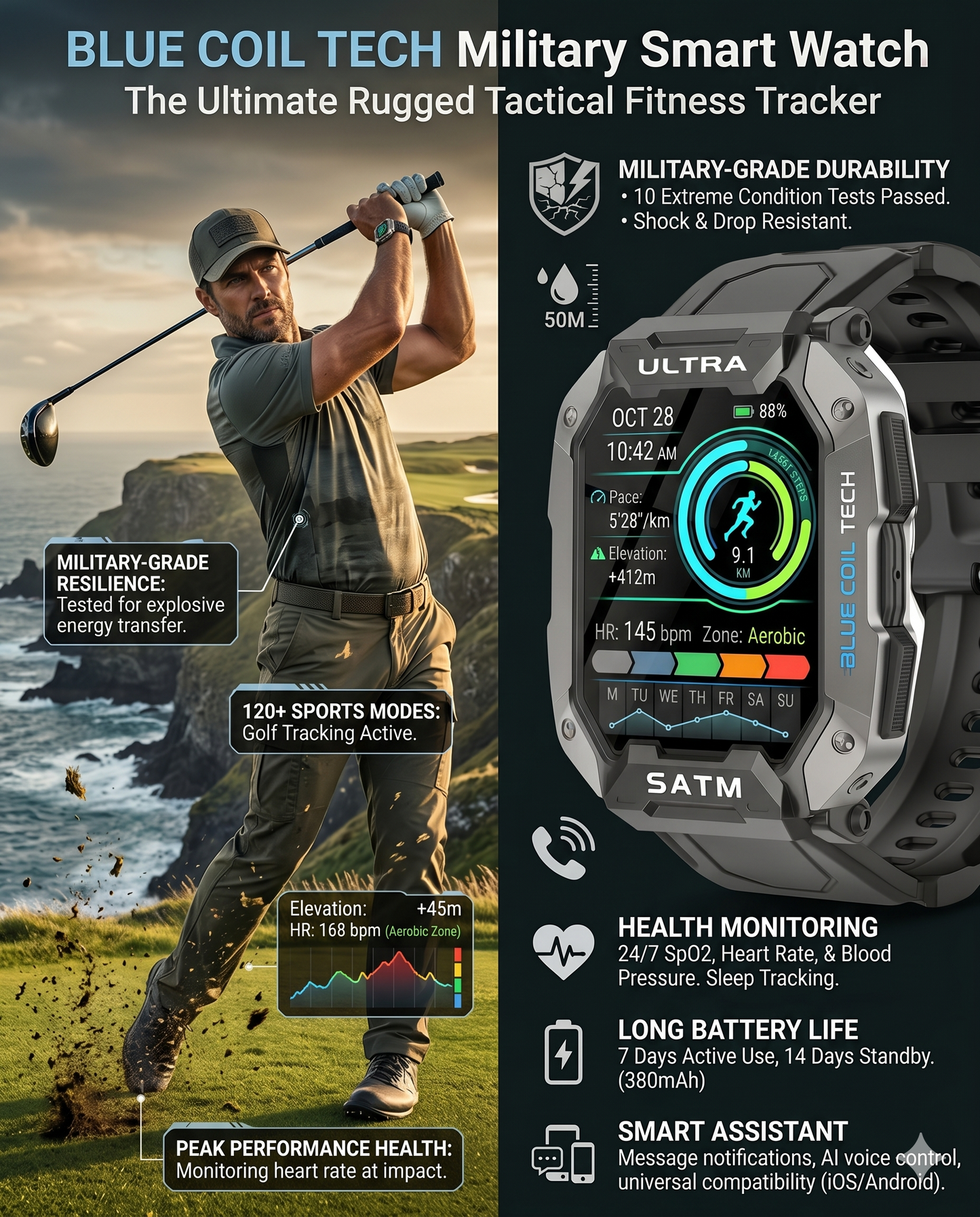 Blue Coil Tech Military Smart Watch for Men - Rugged Tactical 5ATM Waterproof Fitness Tracker with Bluetooth Calls, Heart Rate & Blood Pressure Monitor (iOS/Android)