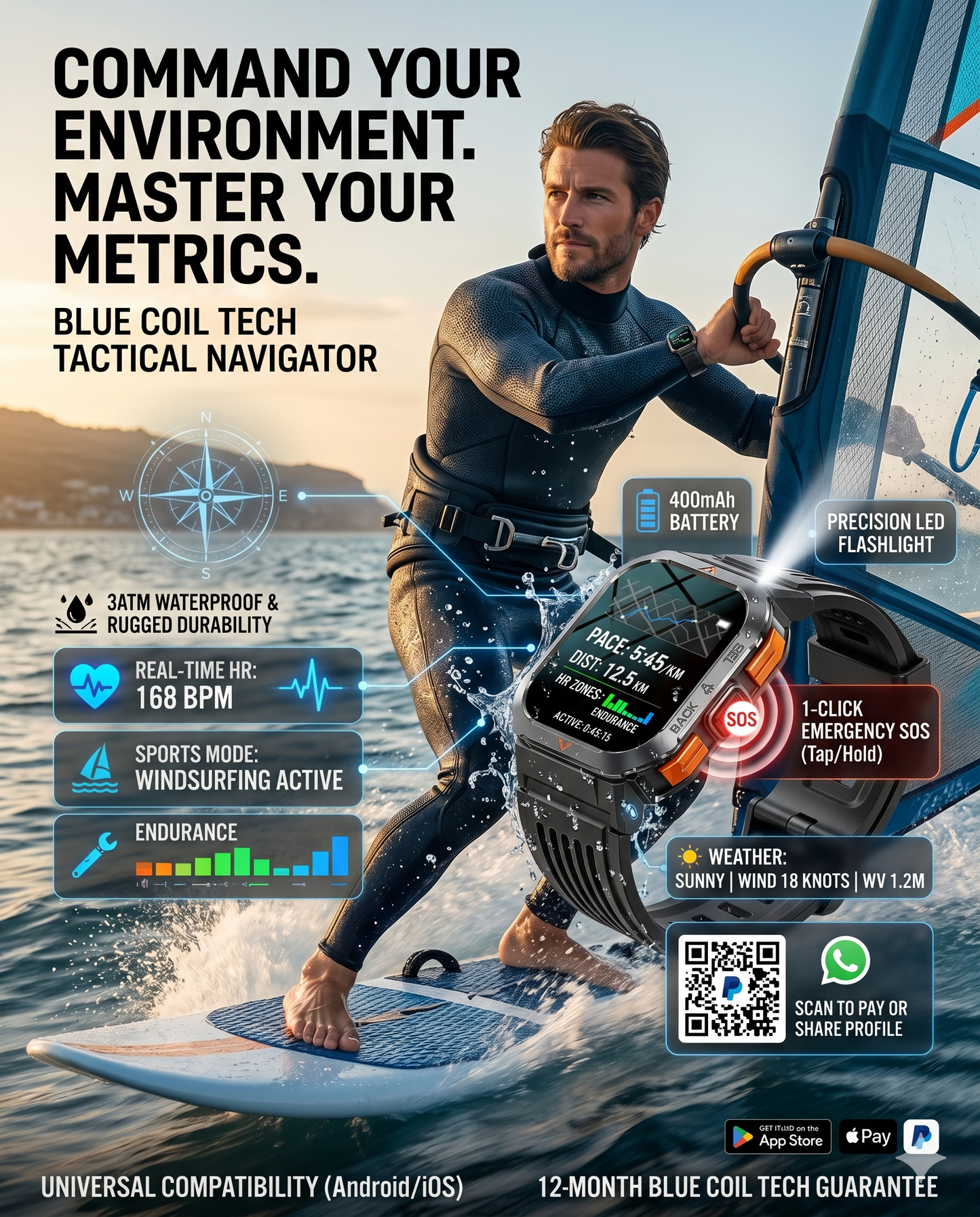 Military Smart Watch for Men with Call LED Flashlight 3ATM Waterproof 2.02" Large Screen Rugged Tactical Smartwatch with Compass Fitness Watch with Heart Rate Blood Pressure Monitor for iPhone Android