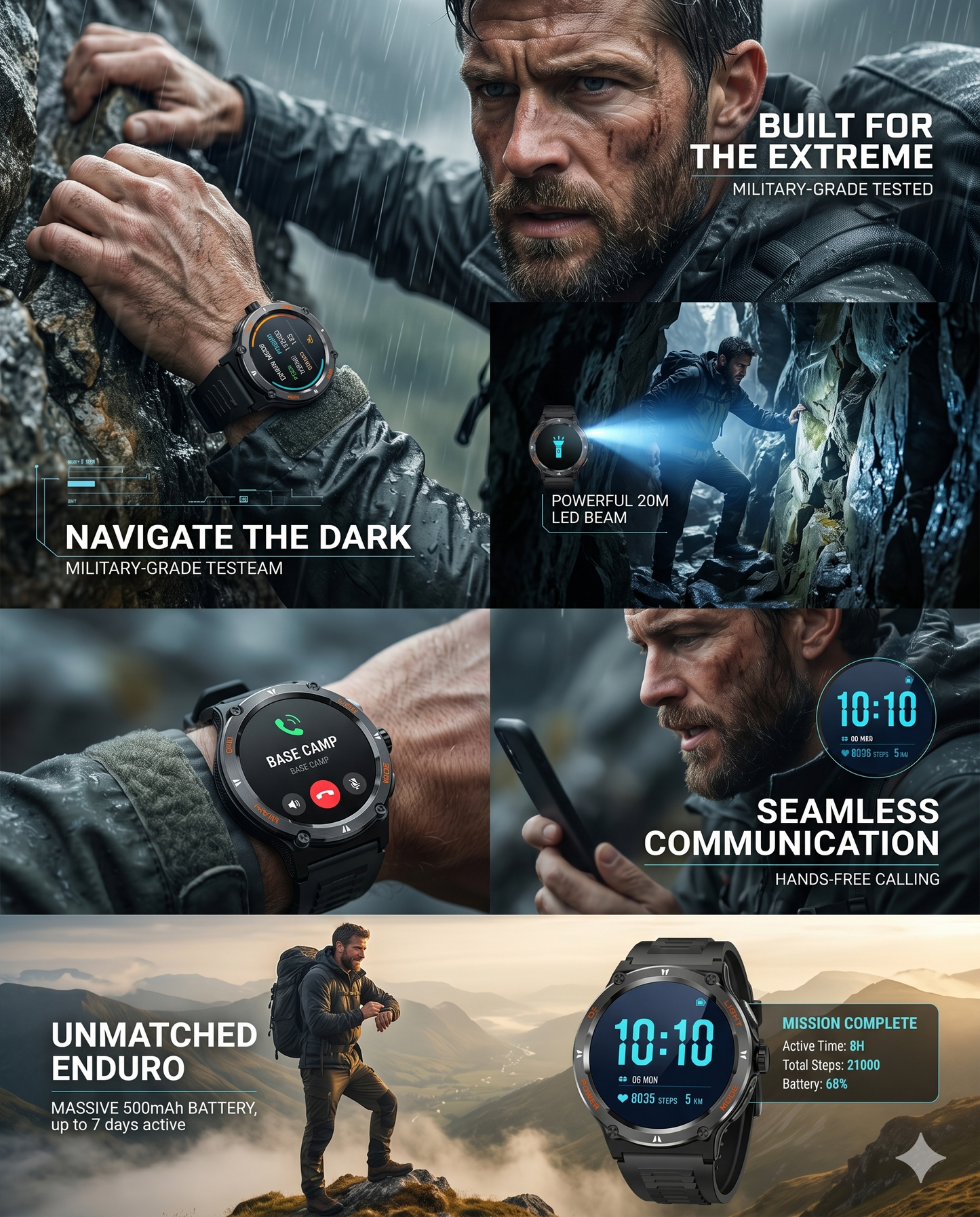 Blue Coil Tech Rugged Military Smart Watch for Men | 1.53" HD Tactical Smartwatch & Fitness Tracker | LED Flashlight, 3ATM Waterproof, Heart Rate Monitor | iPhone & Android Compatible