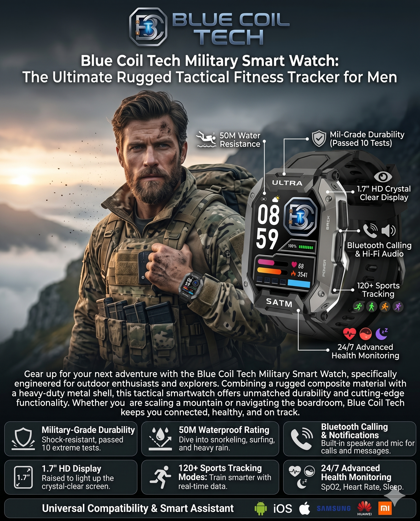 Blue Coil Tech Military Smart Watch for Men - Rugged Tactical 5ATM Waterproof Fitness Tracker with Bluetooth Calls, Heart Rate & Blood Pressure Monitor (iOS/Android)