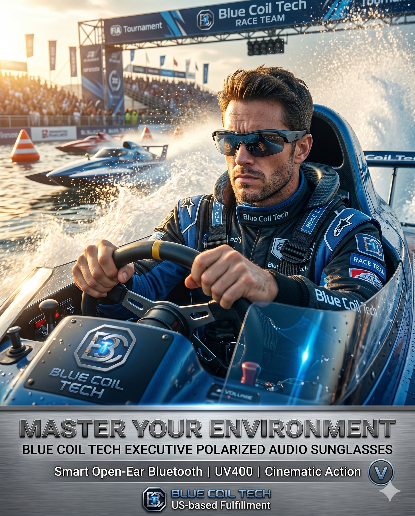 Blue Coil Tech Sports Smart Glasses – Polarized Bluetooth Audio Sunglasses for Men & Women | Wireless Open-Ear Headphones with Built-In Mic, Touch Control & UV Protection for Cycling, Running & Outdoors
