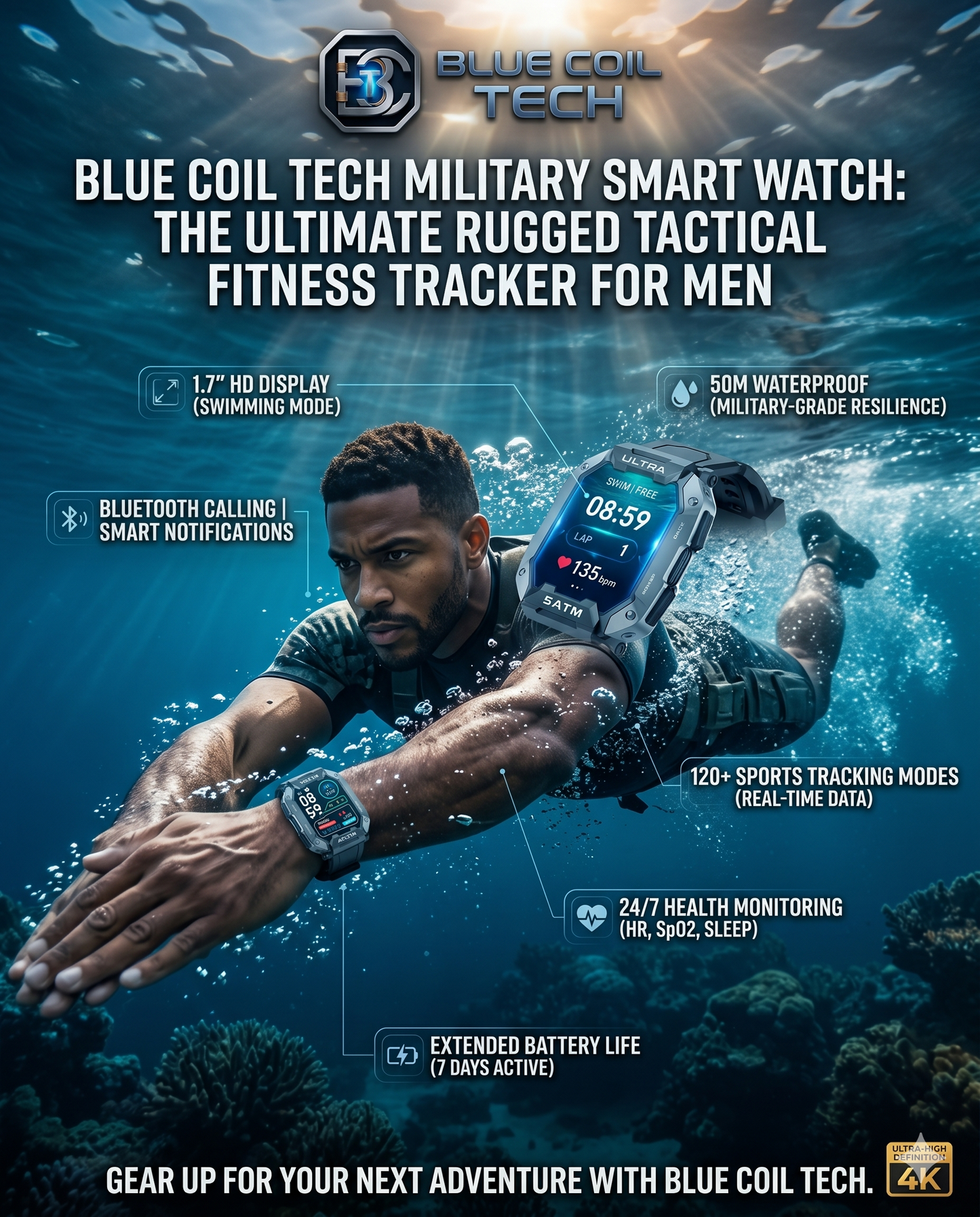 Blue Coil Tech Military Smart Watch for Men - Rugged Tactical 5ATM Waterproof Fitness Tracker with Bluetooth Calls, Heart Rate & Blood Pressure Monitor (iOS/Android)