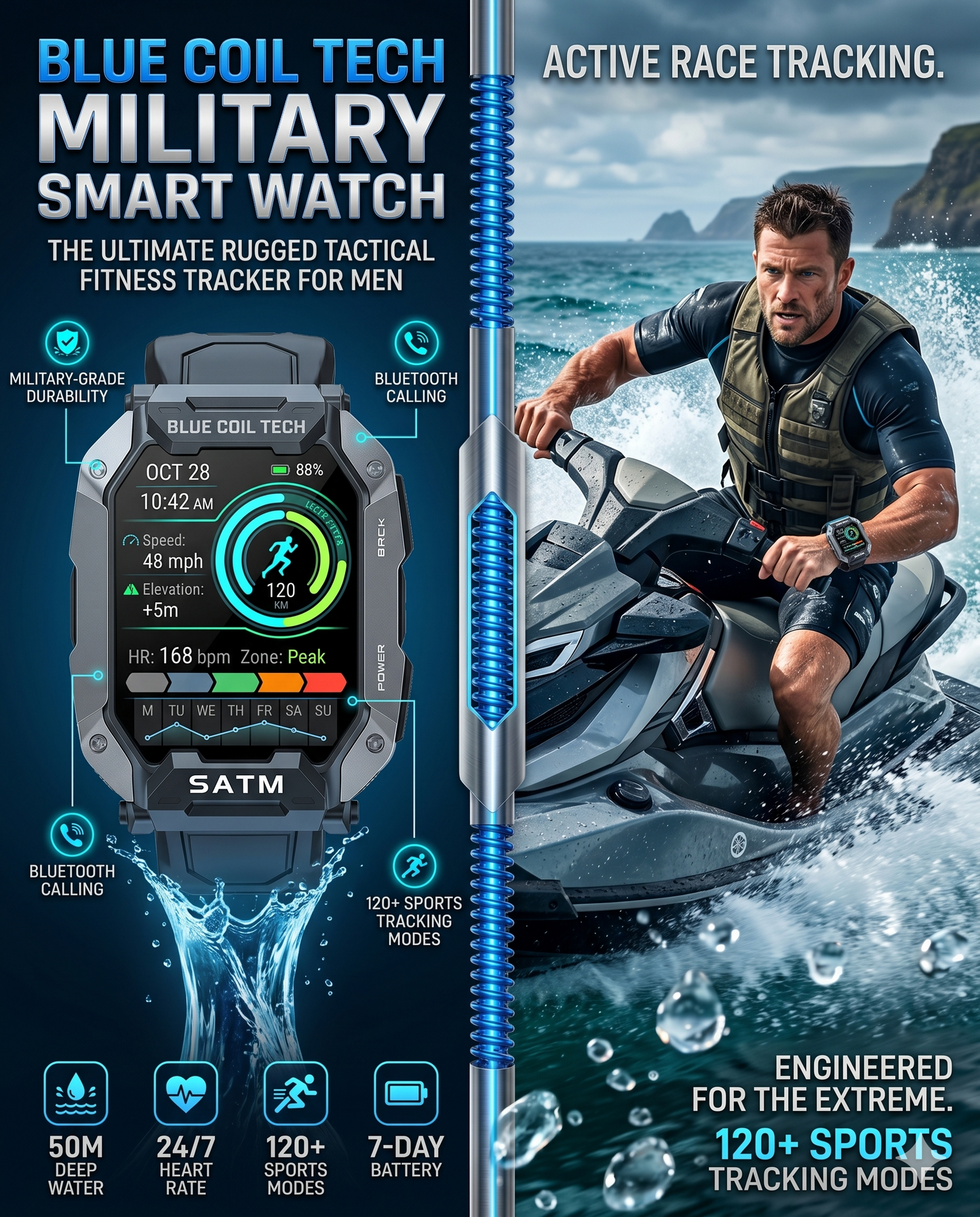 Blue Coil Tech Military Smart Watch for Men - Rugged Tactical 5ATM Waterproof Fitness Tracker with Bluetooth Calls, Heart Rate & Blood Pressure Monitor (iOS/Android)