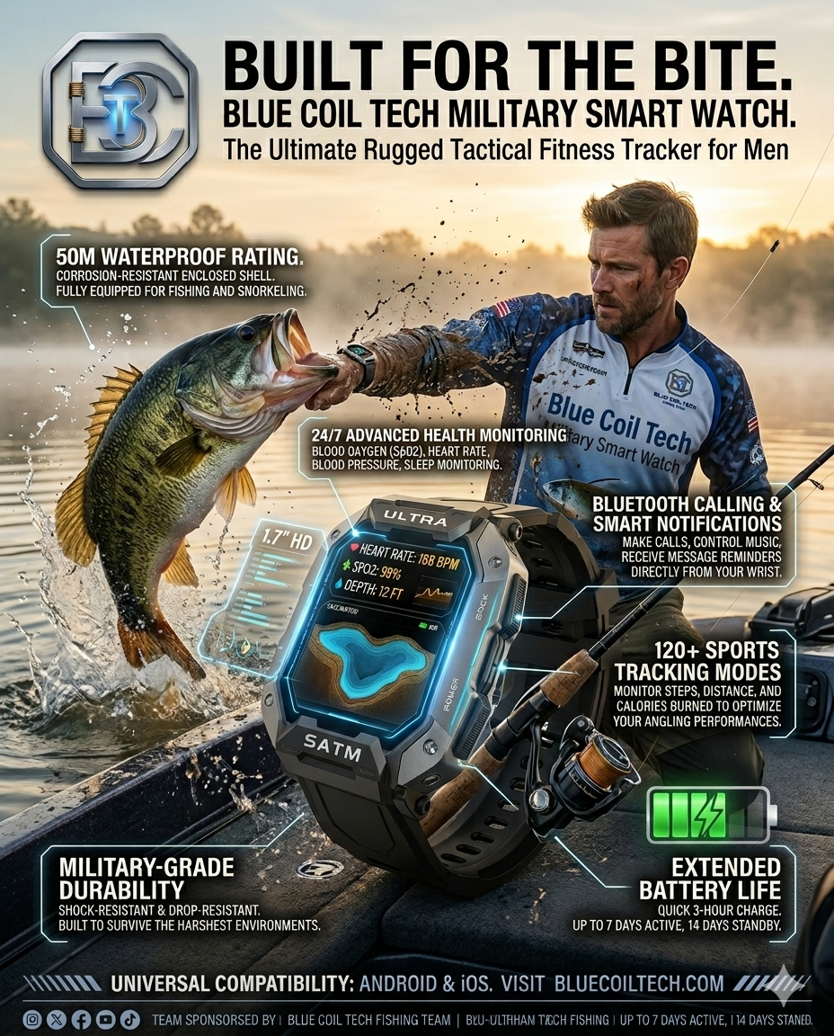 Blue Coil Tech Military Smart Watch for Men - Rugged Tactical 5ATM Waterproof Fitness Tracker with Bluetooth Calls, Heart Rate & Blood Pressure Monitor (iOS/Android)