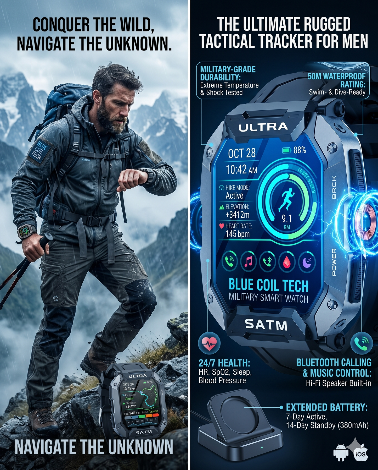 Blue Coil Tech Military Smart Watch for Men - Rugged Tactical 5ATM Waterproof Fitness Tracker with Bluetooth Calls, Heart Rate & Blood Pressure Monitor (iOS/Android)