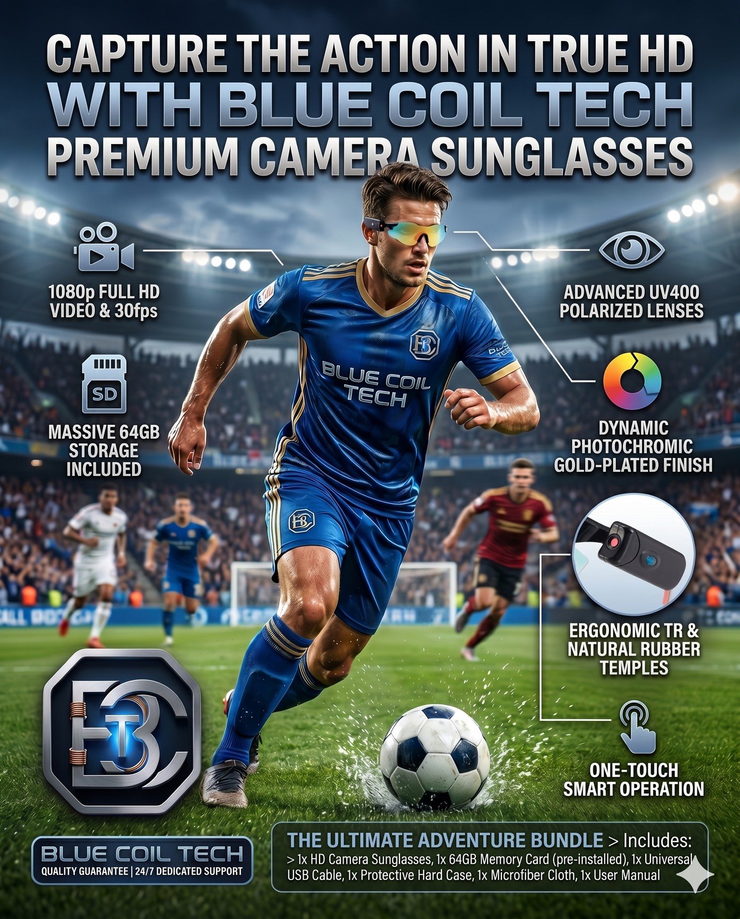 Capture Every Angle: Blue Coil Tech HD 1080p Smart Camera & Vlogging Sunglasses with 64GB Storage