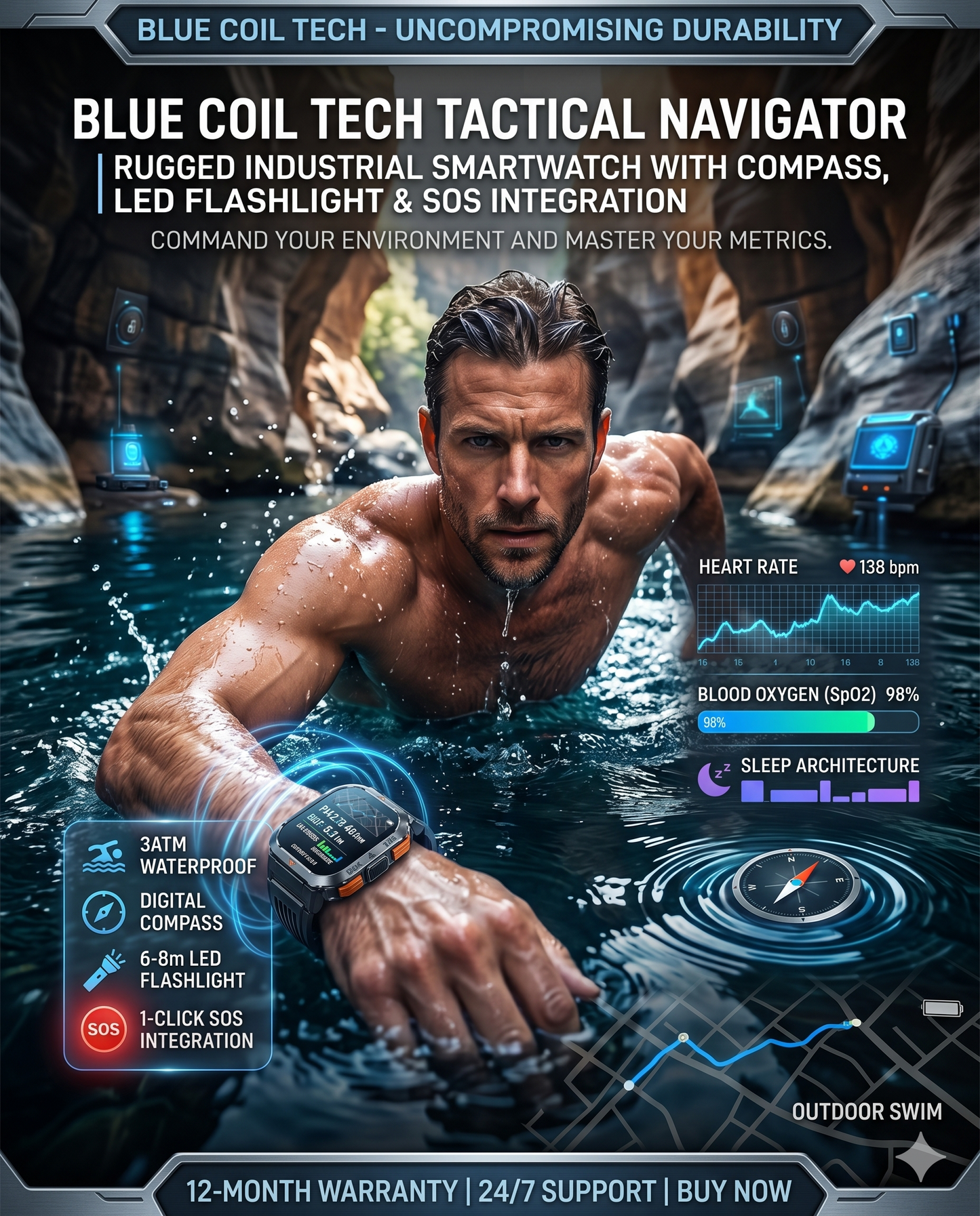 Military Smart Watch for Men with Call LED Flashlight 3ATM Waterproof 2.02" Large Screen Rugged Tactical Smartwatch with Compass Fitness Watch with Heart Rate Blood Pressure Monitor for iPhone Android