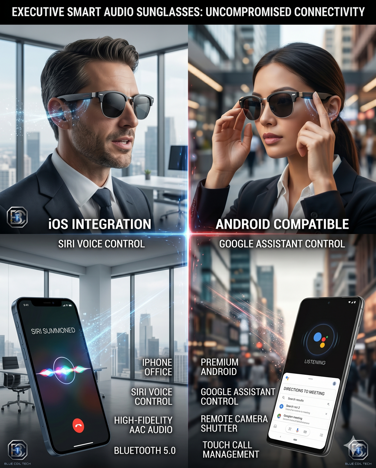 Blue Coil Tech Executive Smart Audio Sunglasses | Open-Ear Bluetooth