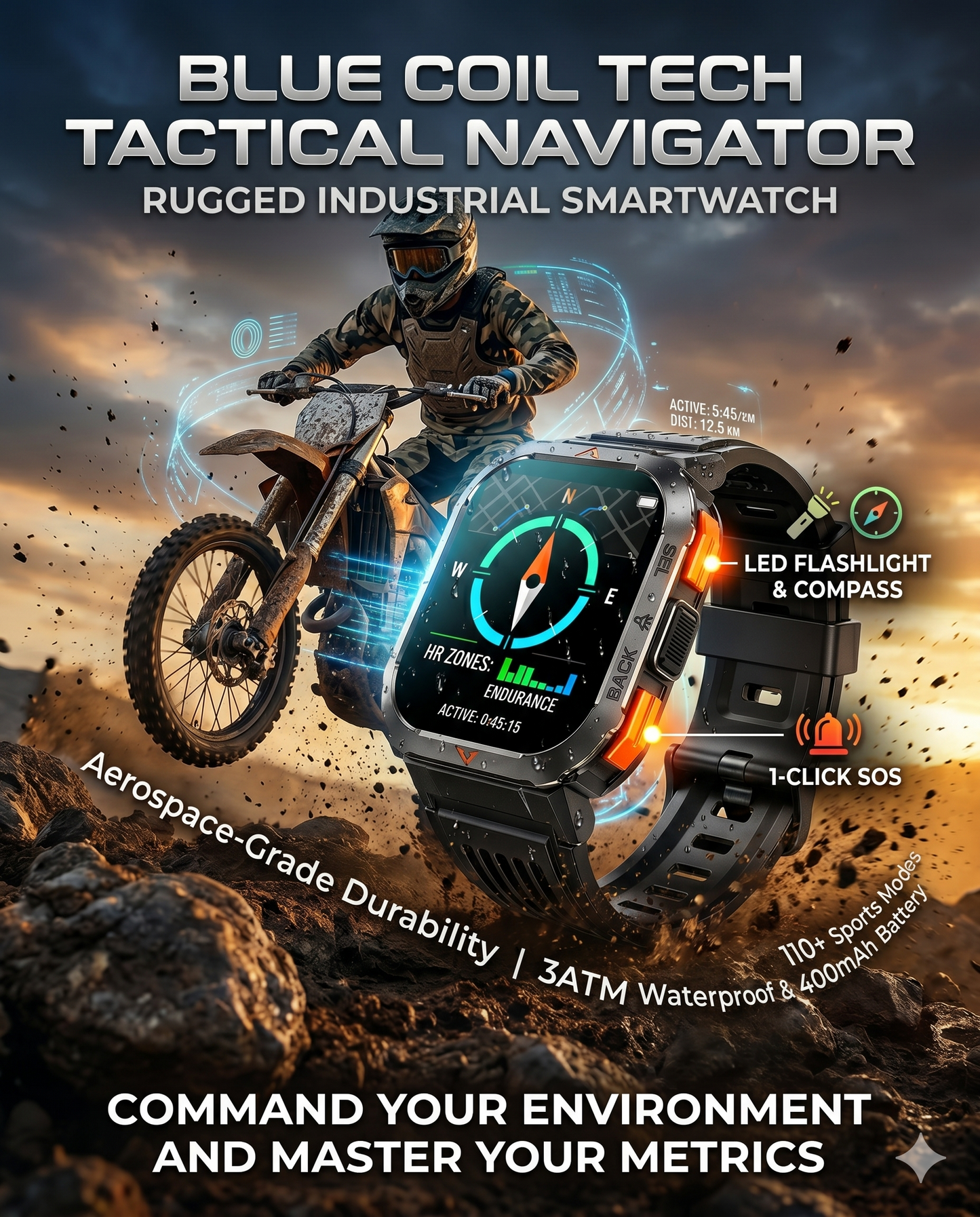 Military Smart Watch for Men with Call LED Flashlight 3ATM Waterproof 2.02" Large Screen Rugged Tactical Smartwatch with Compass Fitness Watch with Heart Rate Blood Pressure Monitor for iPhone Android