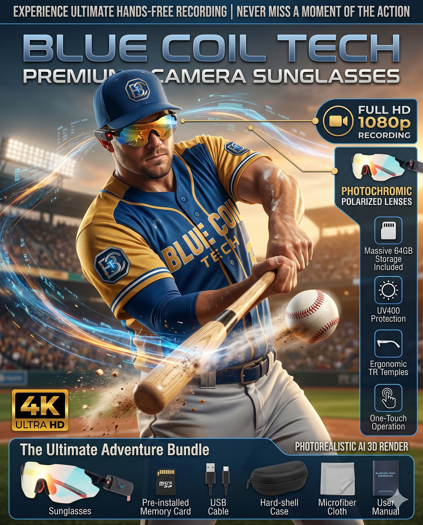 Capture Every Angle: Blue Coil Tech HD 1080p Smart Camera & Vlogging Sunglasses with 64GB Storage