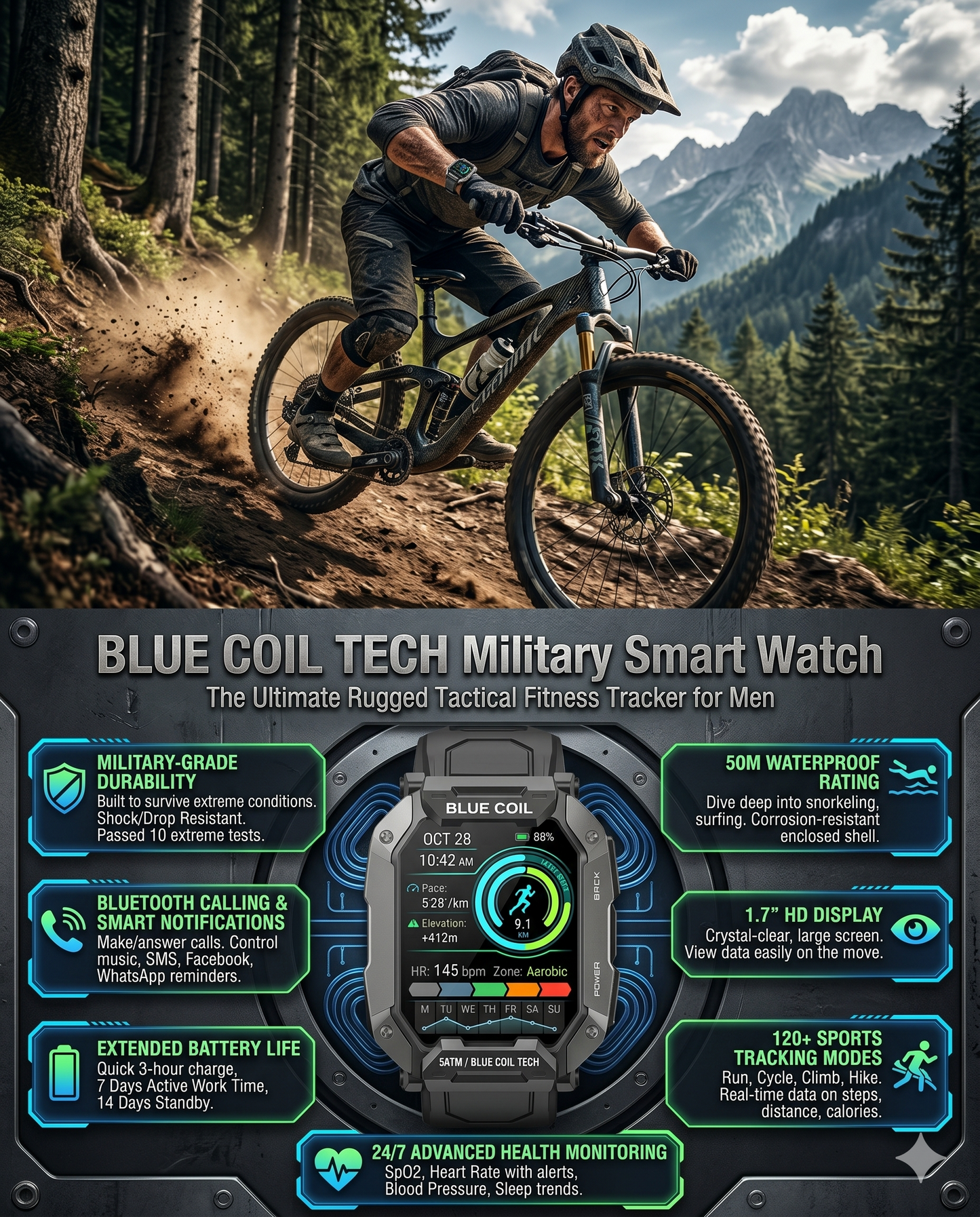 Blue Coil Tech Military Smart Watch for Men - Rugged Tactical 5ATM Waterproof Fitness Tracker with Bluetooth Calls, Heart Rate & Blood Pressure Monitor (iOS/Android)