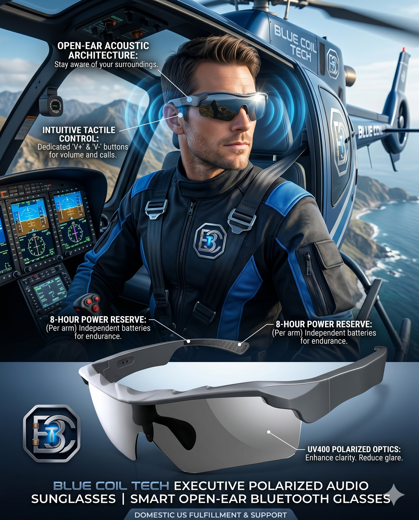 Blue Coil Tech Sports Smart Glasses – Polarized Bluetooth Audio Sunglasses for Men & Women | Wireless Open-Ear Headphones with Built-In Mic, Touch Control & UV Protection for Cycling, Running & Outdoors
