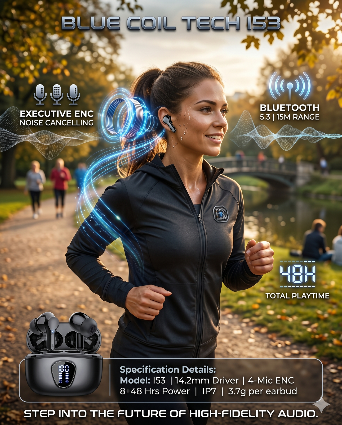 Wireless Earbuds Bluetooth 5.3 Headphones HiFi Stereo Bluetooth Earbuds with ENC Noise Cancelling Mic IP7 Waterproof in Ear Earphones 48H LED Display Ear buds for Pad Phones Workout Sports Black