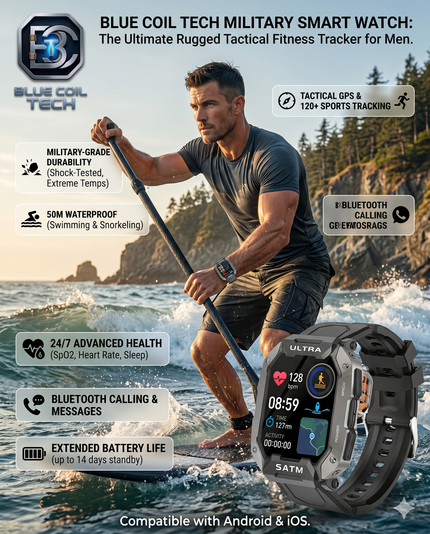 Blue Coil Tech Military Smart Watch for Men - Rugged Tactical 5ATM Waterproof Fitness Tracker with Bluetooth Calls, Heart Rate & Blood Pressure Monitor (iOS/Android)