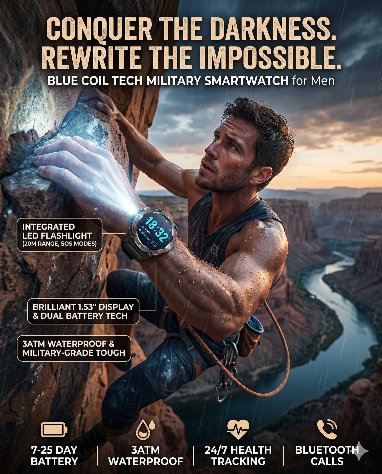Blue Coil Tech Rugged Military Smart Watch for Men | 1.53" HD Tactical Smartwatch & Fitness Tracker | LED Flashlight, 3ATM Waterproof, Heart Rate Monitor | iPhone & Android Compatible