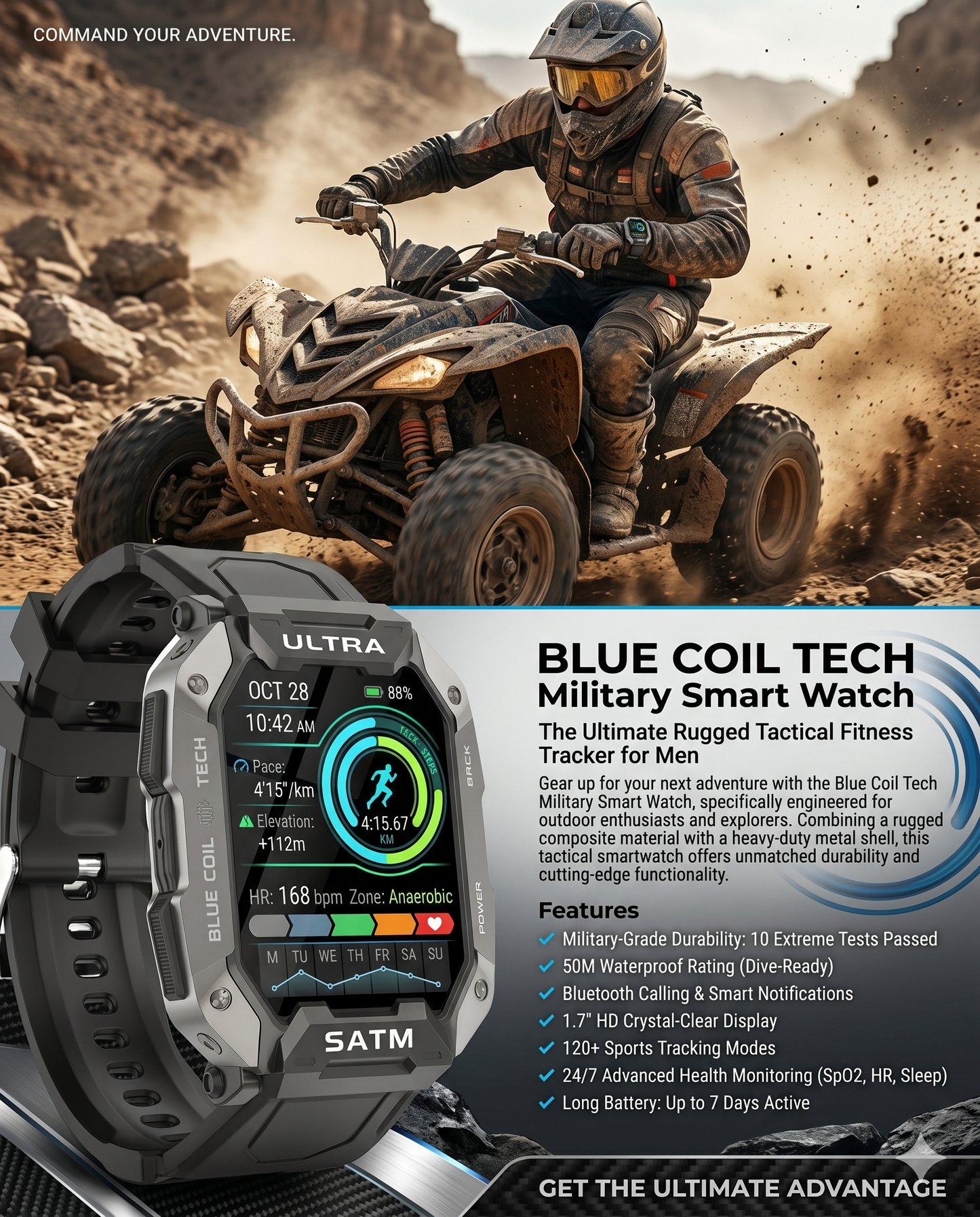 Blue Coil Tech Military Smart Watch for Men - Rugged Tactical 5ATM Waterproof Fitness Tracker with Bluetooth Calls, Heart Rate & Blood Pressure Monitor (iOS/Android)