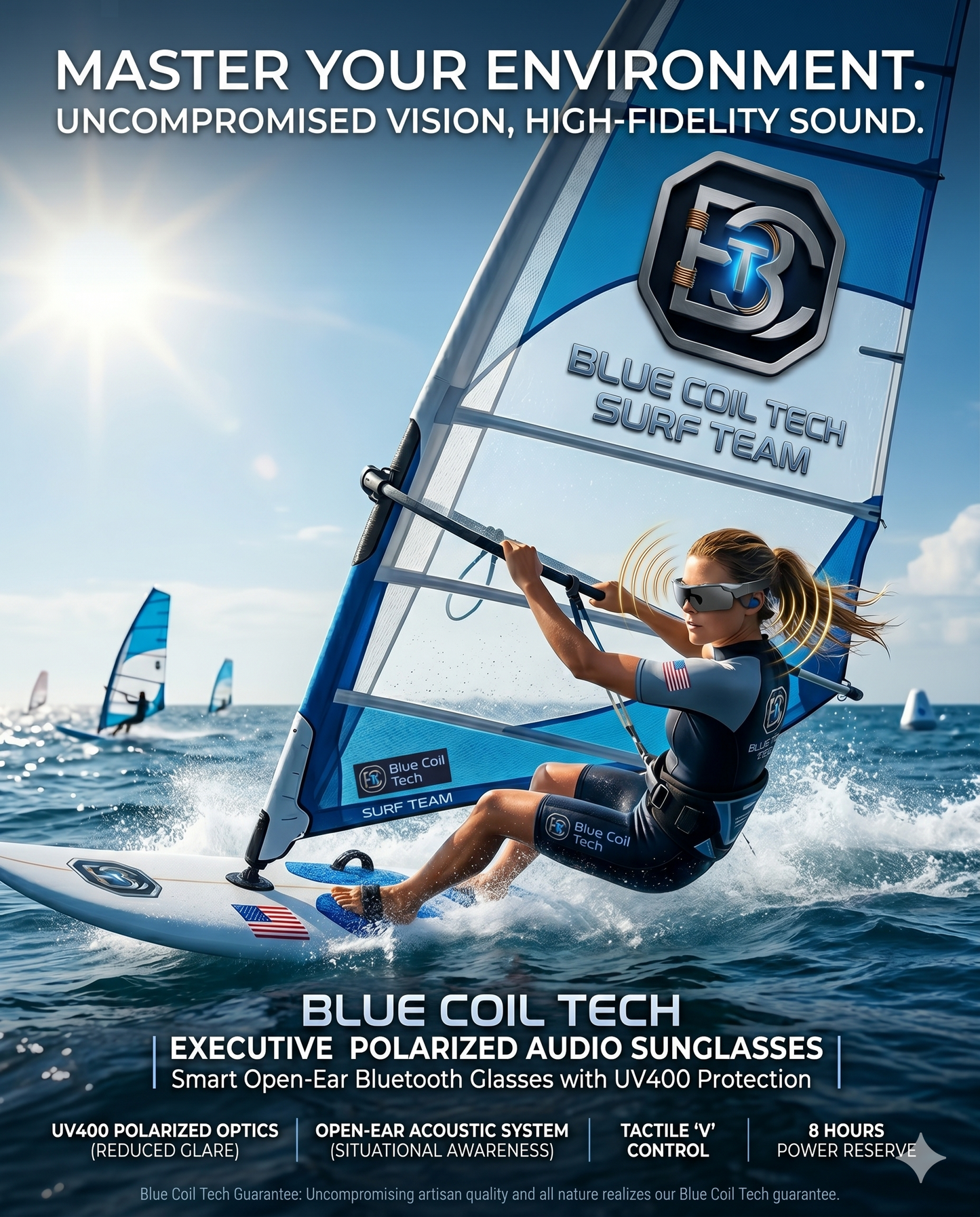 Blue Coil Tech Sports Smart Glasses – Polarized Bluetooth Audio Sunglasses for Men & Women | Wireless Open-Ear Headphones with Built-In Mic, Touch Control & UV Protection for Cycling, Running & Outdoors