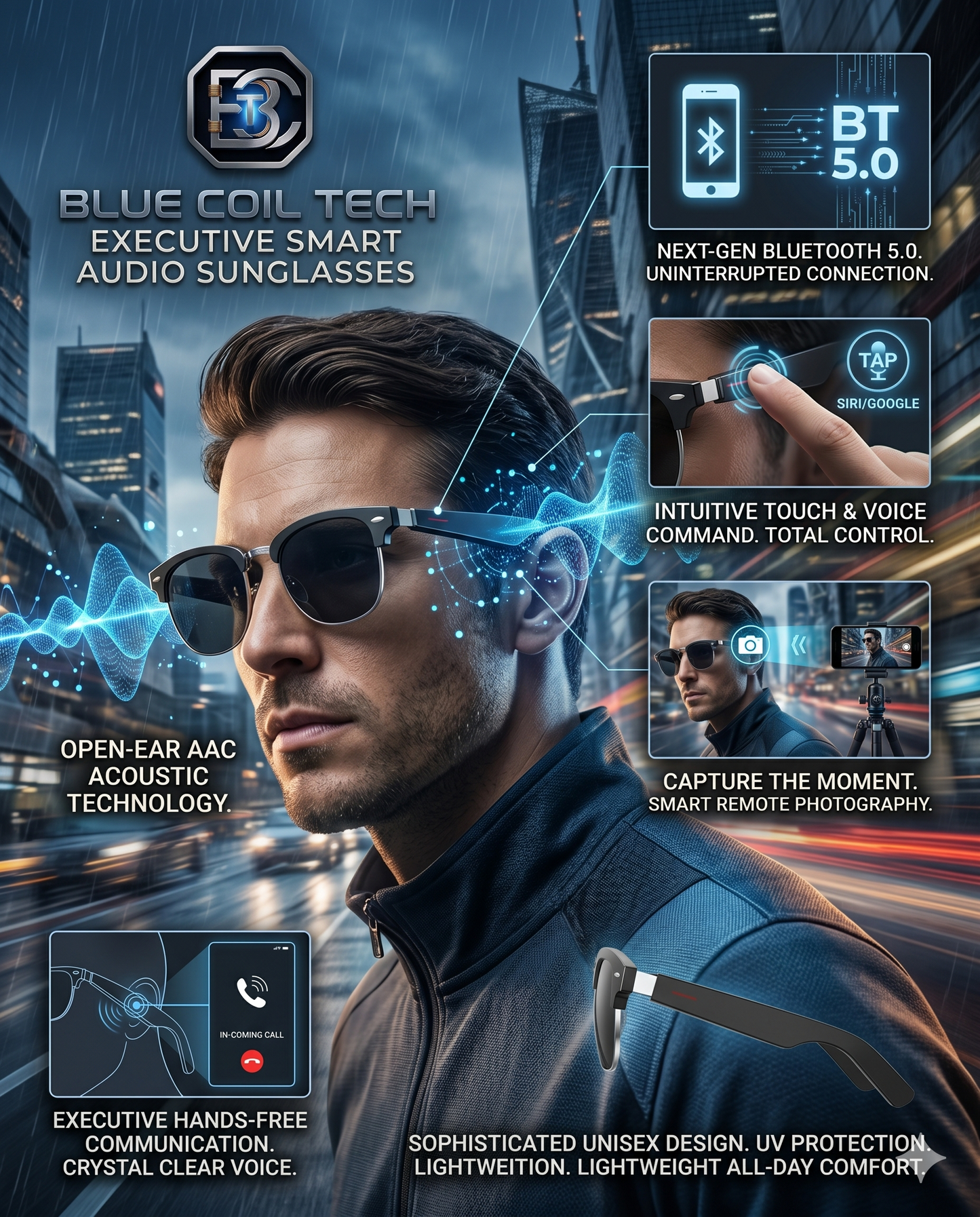 Blue Coil Tech Executive Smart Audio Sunglasses | Open-Ear Bluetooth