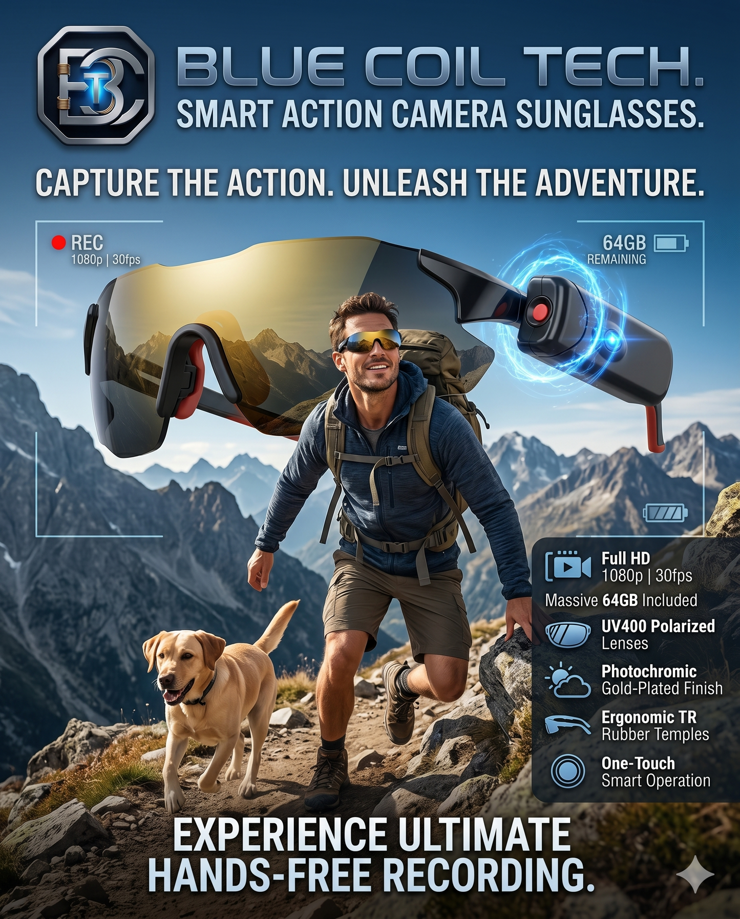 Capture Every Angle: Blue Coil Tech HD 1080p Smart Camera & Vlogging Sunglasses with 64GB Storage