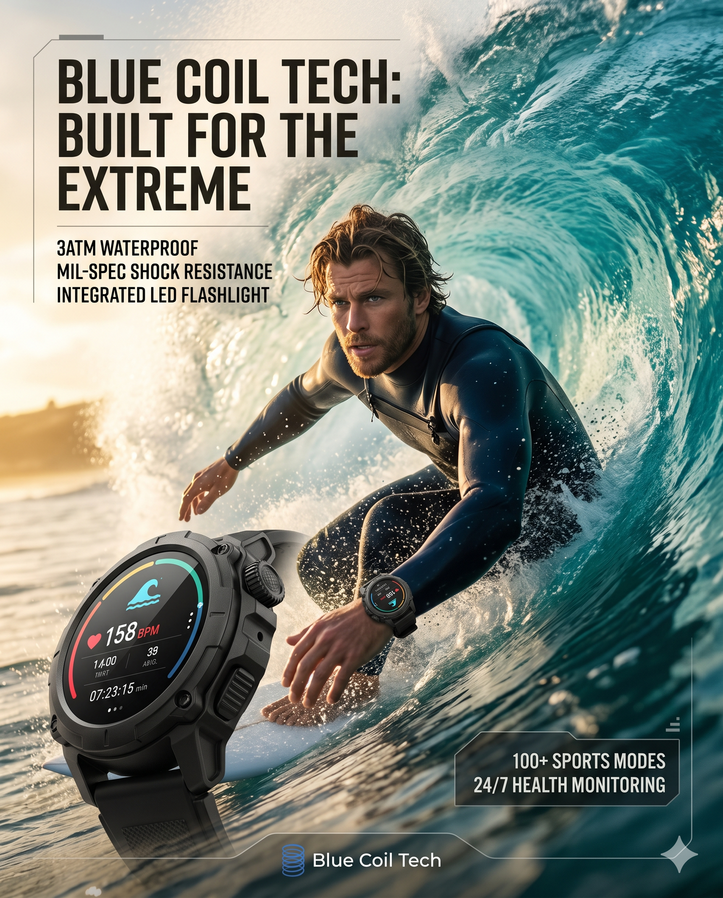 Blue Coil Tech Rugged Military Smart Watch for Men | 1.53" HD Tactical Smartwatch & Fitness Tracker | LED Flashlight, 3ATM Waterproof, Heart Rate Monitor | iPhone & Android Compatible