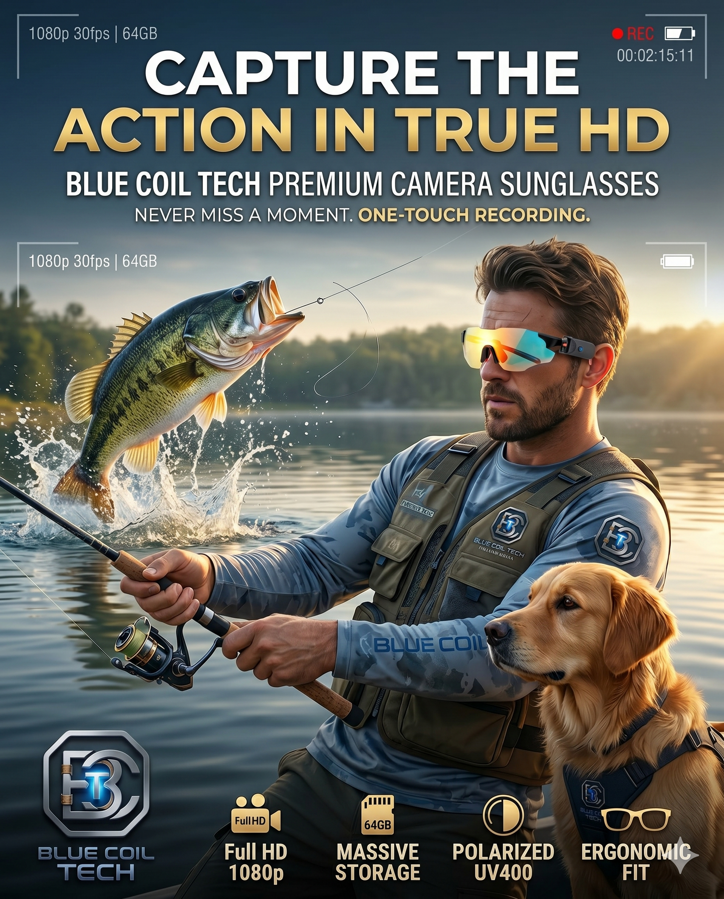 Capture Every Angle: Blue Coil Tech HD 1080p Smart Camera & Vlogging Sunglasses with 64GB Storage