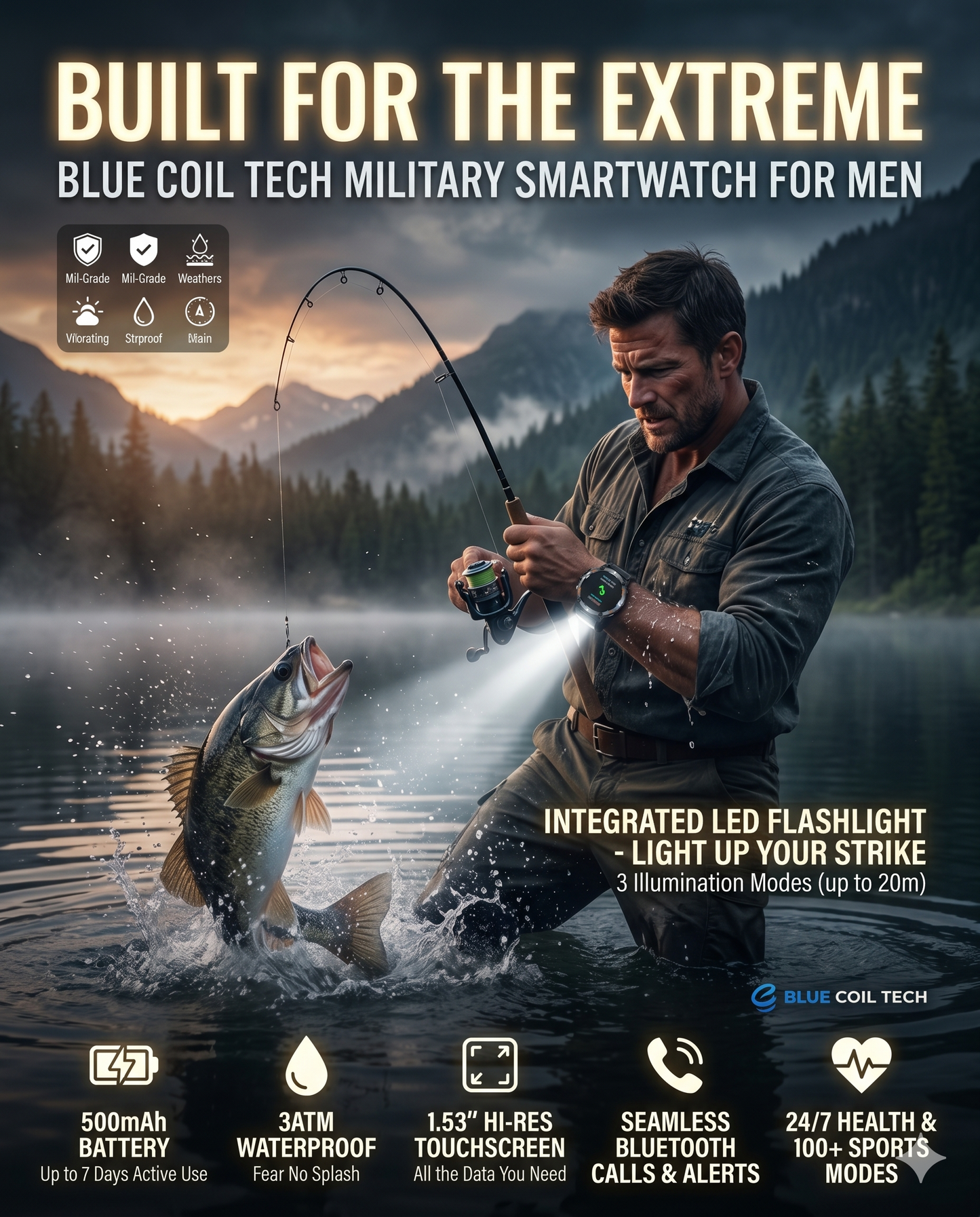 Blue Coil Tech Rugged Military Smart Watch for Men | 1.53" HD Tactical Smartwatch & Fitness Tracker | LED Flashlight, 3ATM Waterproof, Heart Rate Monitor | iPhone & Android Compatible