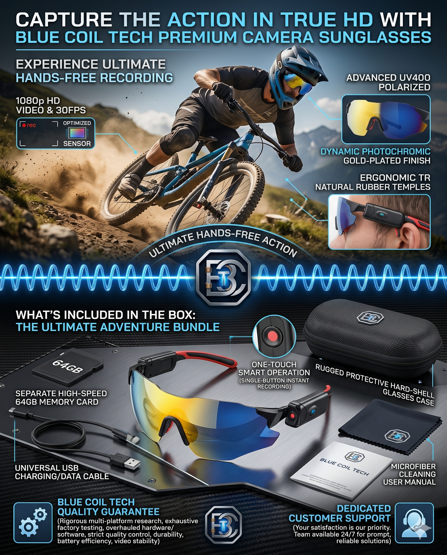 Capture Every Angle: Blue Coil Tech HD 1080p Smart Camera & Vlogging Sunglasses with 64GB Storage