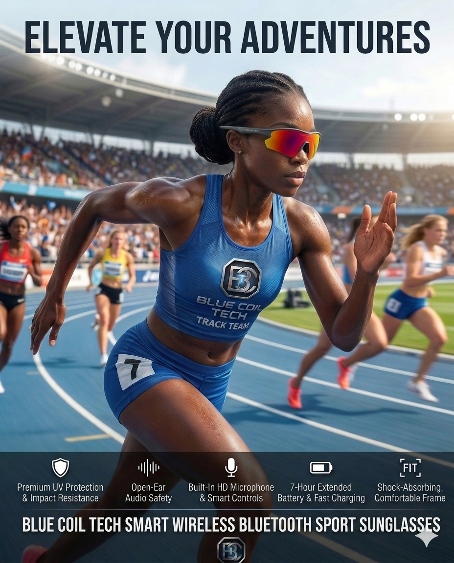 Blue Coil Tech Bluetooth Audio Sunglasses – Smart Wireless Sport Design with Microphone