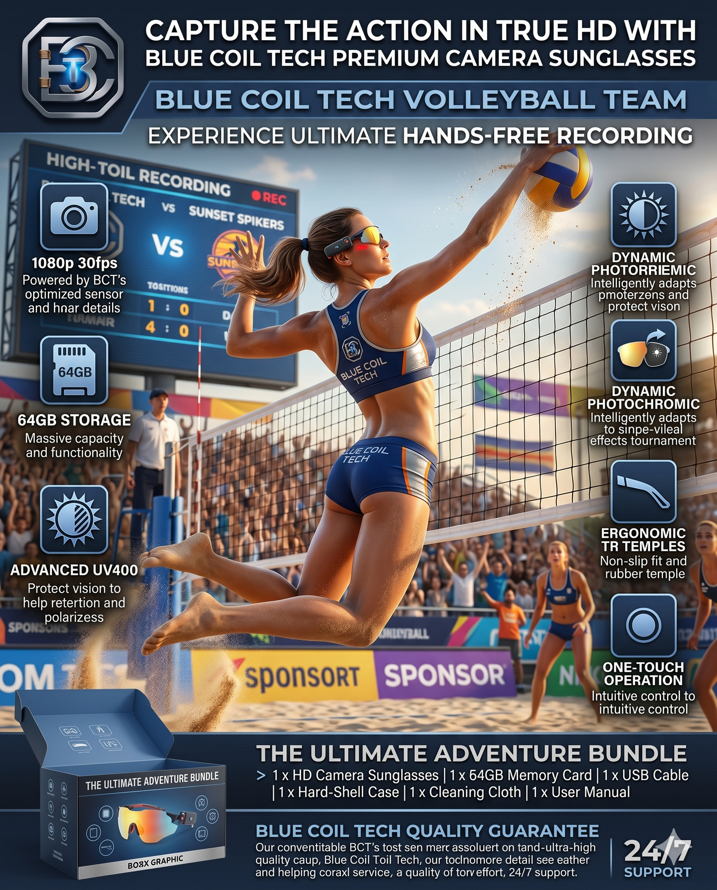 Capture Every Angle: Blue Coil Tech HD 1080p Smart Camera & Vlogging Sunglasses with 64GB Storage