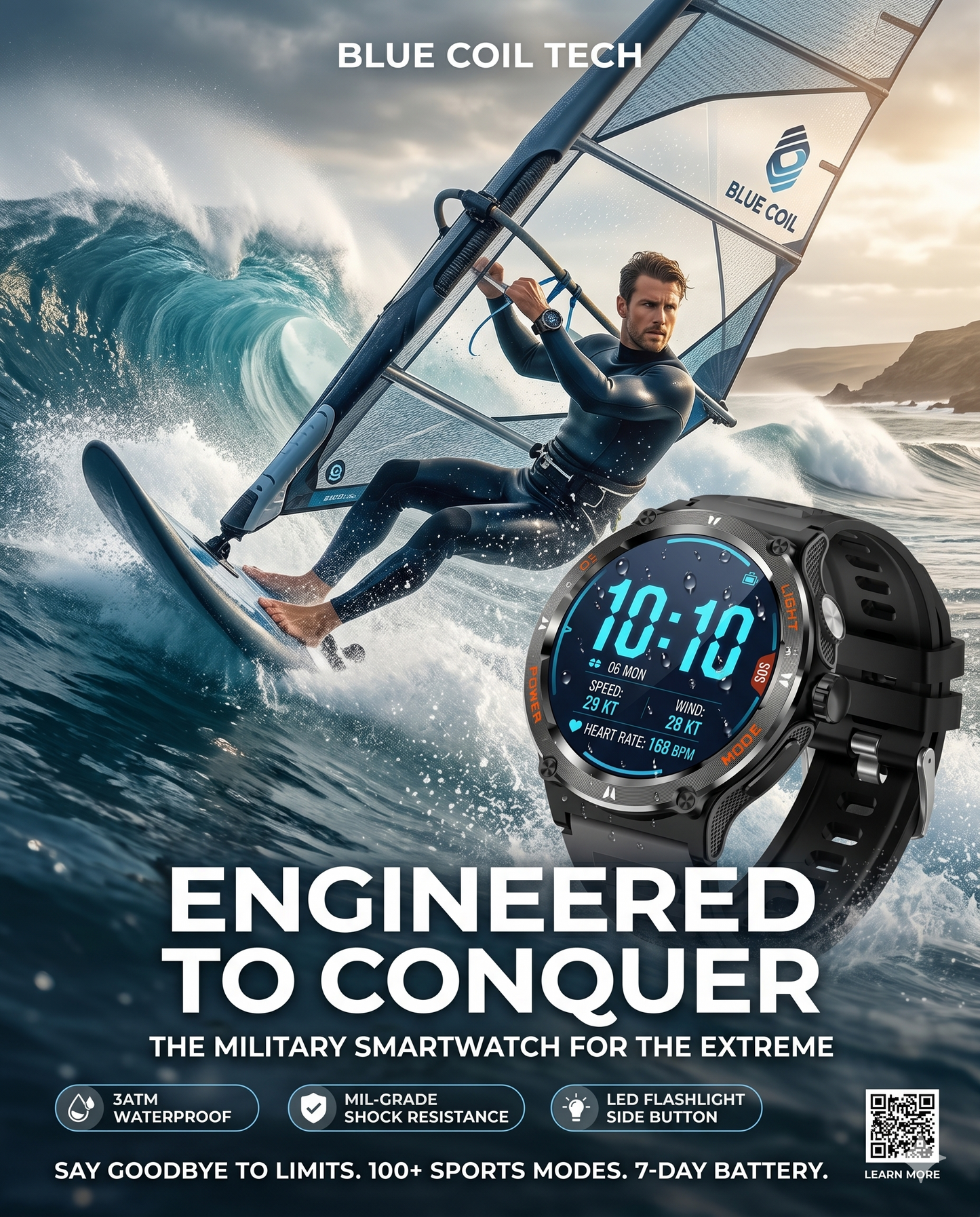 Blue Coil Tech Rugged Military Smart Watch for Men | 1.53" HD Tactical Smartwatch & Fitness Tracker | LED Flashlight, 3ATM Waterproof, Heart Rate Monitor | iPhone & Android Compatible