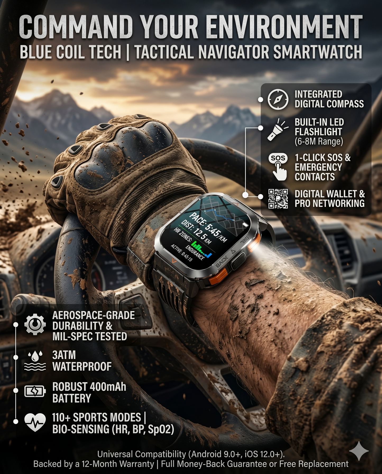 Military Smart Watch for Men with Call LED Flashlight 3ATM Waterproof 2.02" Large Screen Rugged Tactical Smartwatch with Compass Fitness Watch with Heart Rate Blood Pressure Monitor for iPhone Android
