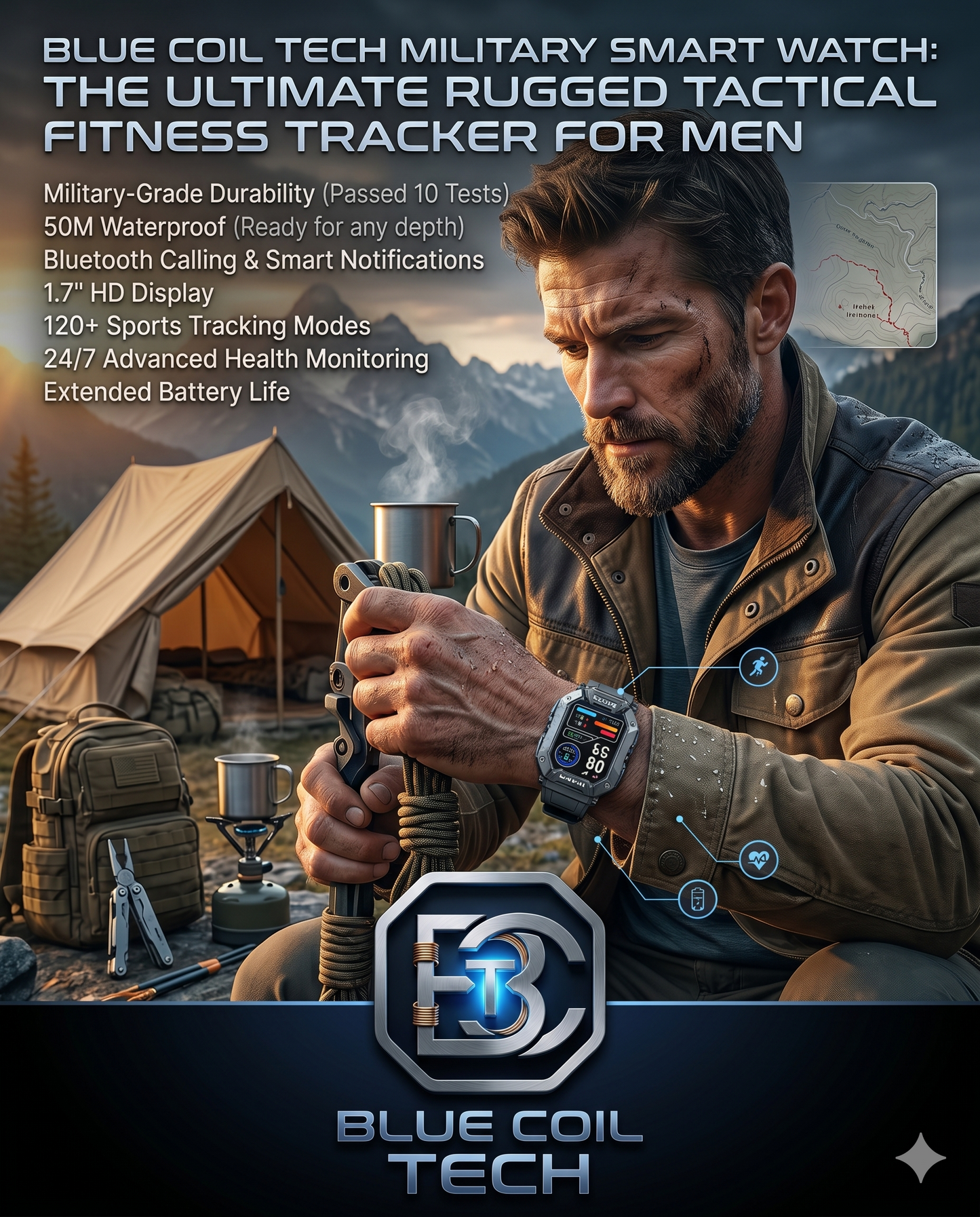 Blue Coil Tech Military Smart Watch for Men - Rugged Tactical 5ATM Waterproof Fitness Tracker with Bluetooth Calls, Heart Rate & Blood Pressure Monitor (iOS/Android)