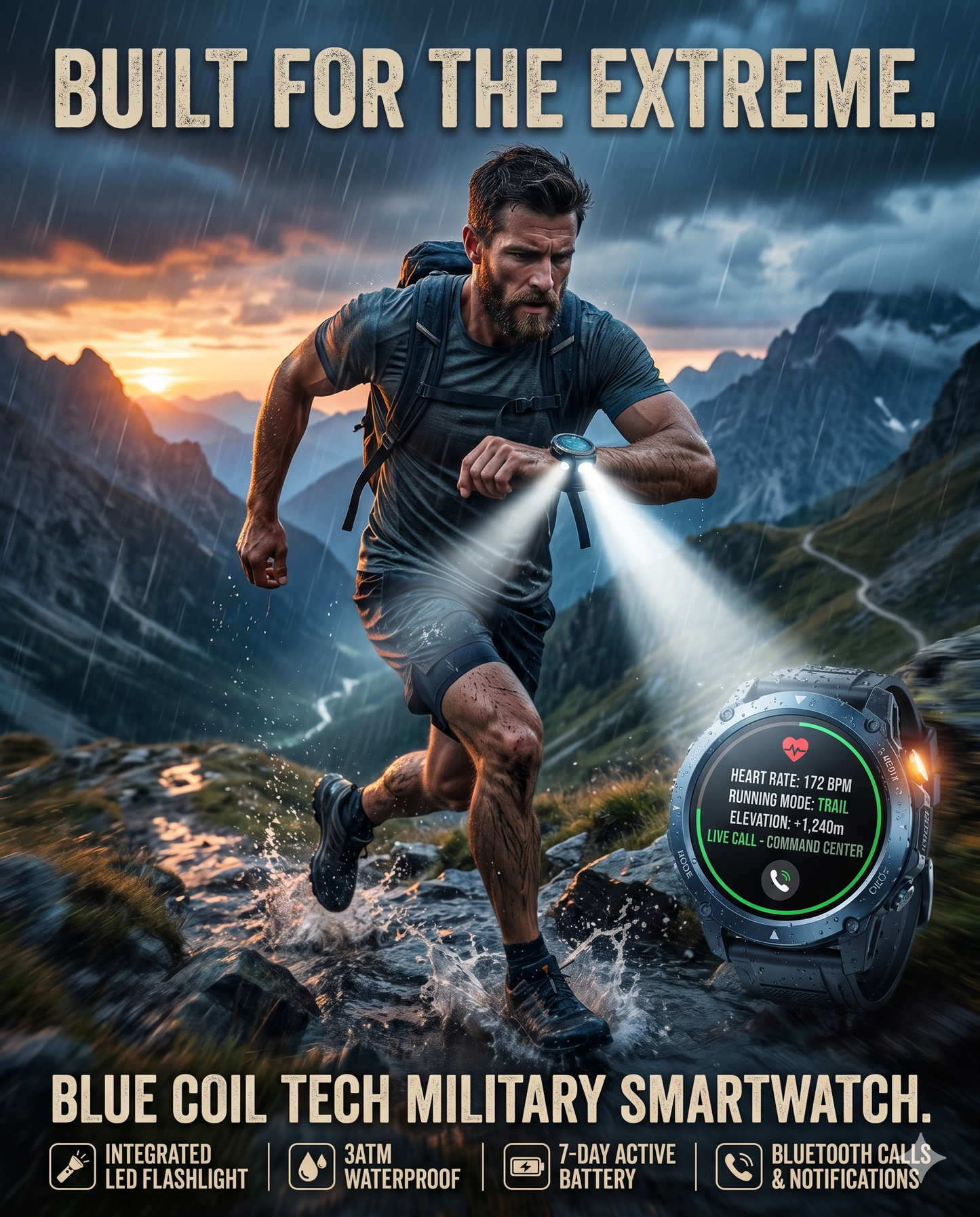 Blue Coil Tech Rugged Military Smart Watch for Men | 1.53" HD Tactical Smartwatch & Fitness Tracker | LED Flashlight, 3ATM Waterproof, Heart Rate Monitor | iPhone & Android Compatible