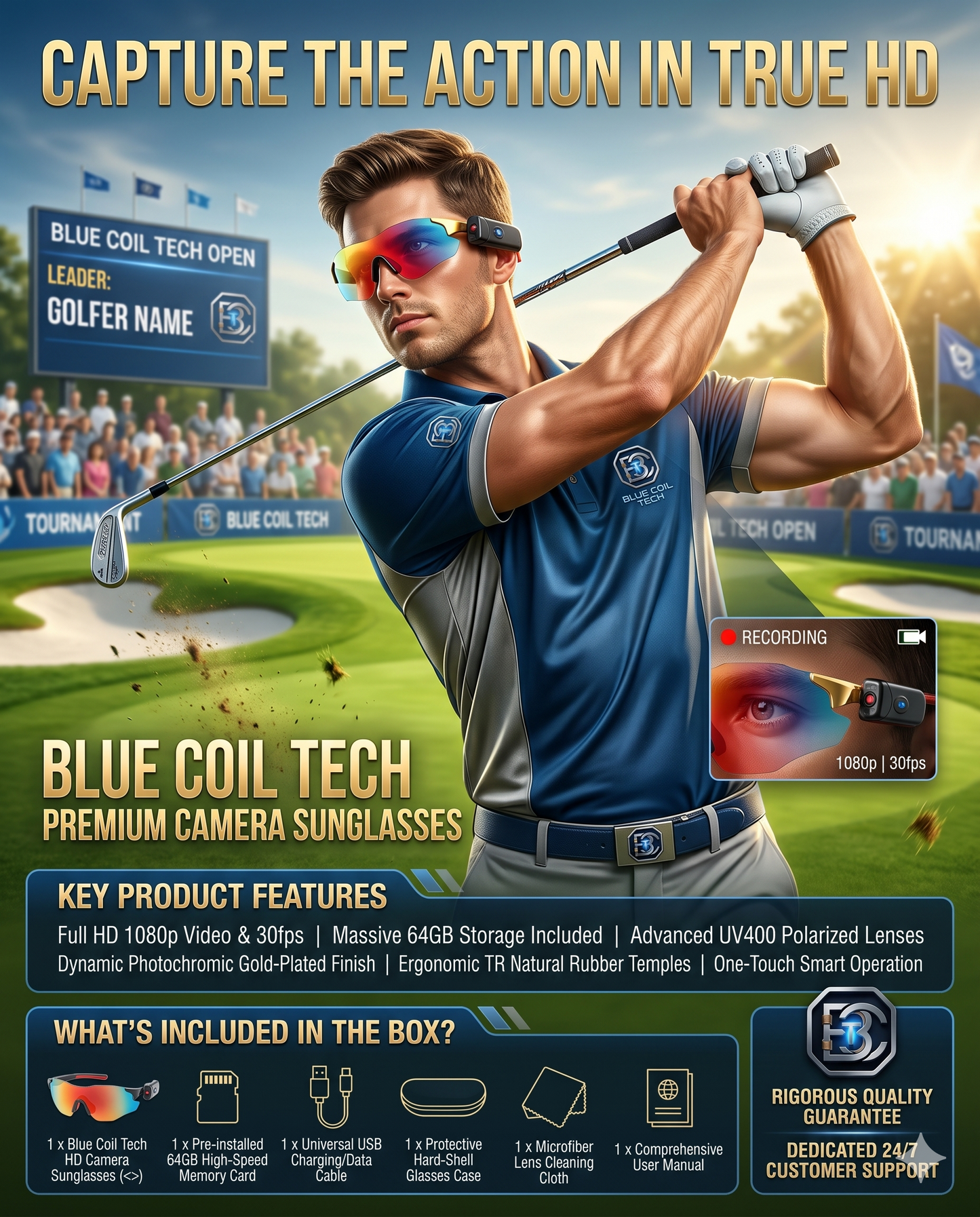 Capture Every Angle: Blue Coil Tech HD 1080p Smart Camera & Vlogging Sunglasses with 64GB Storage