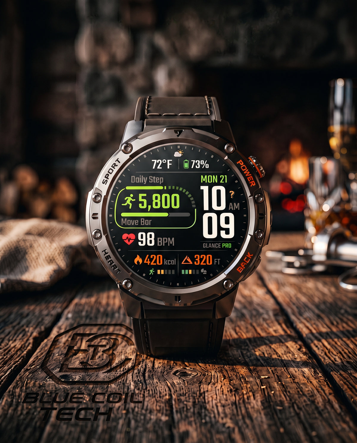 A rugged round smartwatch with a dark brown leather strap and metallic silver bezel, displayed on a rustic wooden table with a blurred background of a fireplace and glassware. The watch face is active with various fitness and weather metrics.