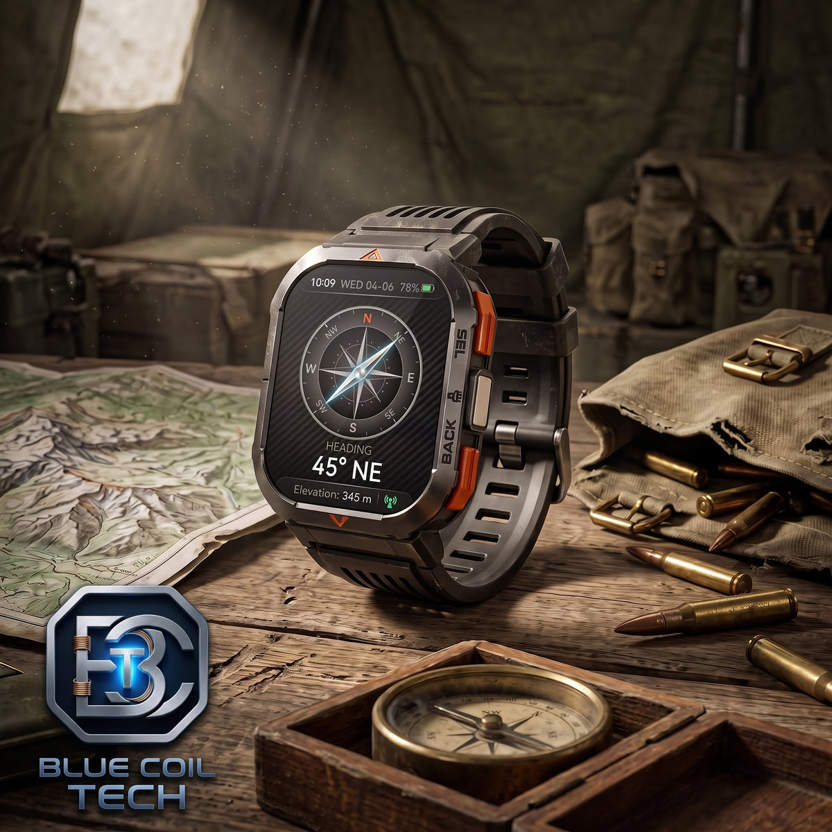 A rugged smartwatch with a dark gray and black body and orange accents, shown in a military-themed setting with a compass, map, bullets, and canvas gear. The watch screen displays a compass interface.