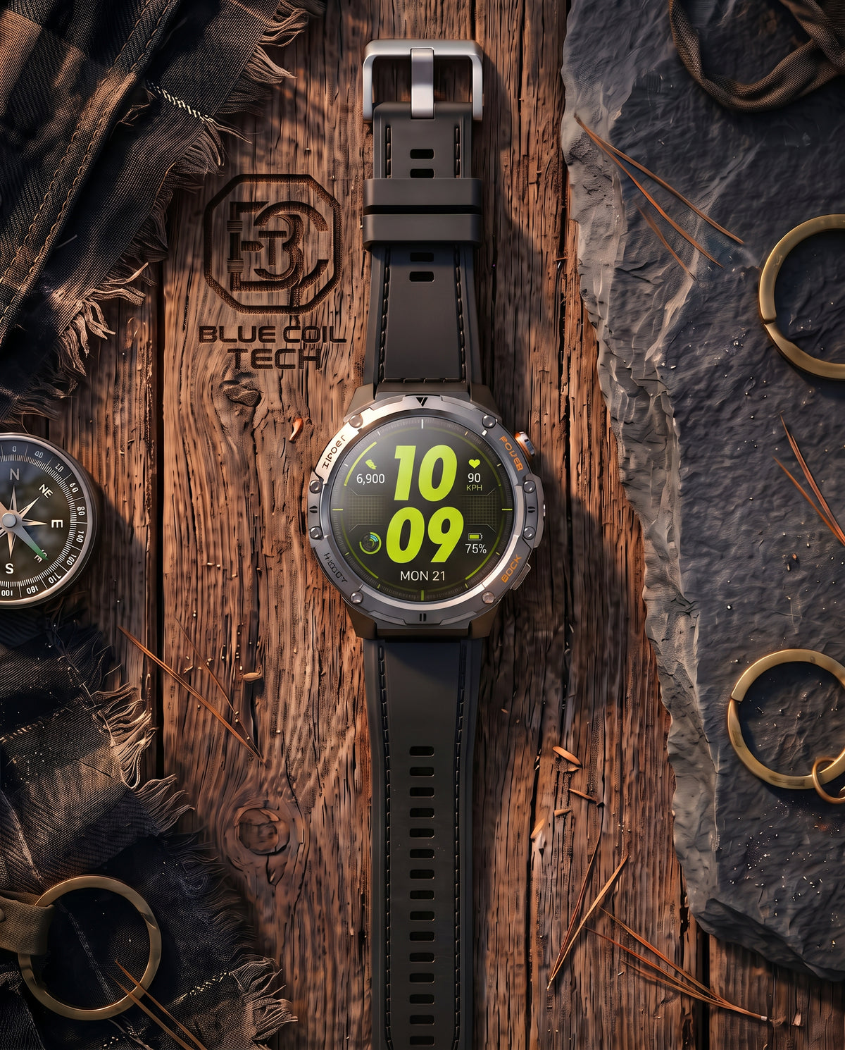 A rugged smartwatch with a black strap and silver-toned case, displayed on a rustic wooden surface with outdoor-themed props including a compass, leather, stone, and brass rings. The watch face shows a bright green digital clock.