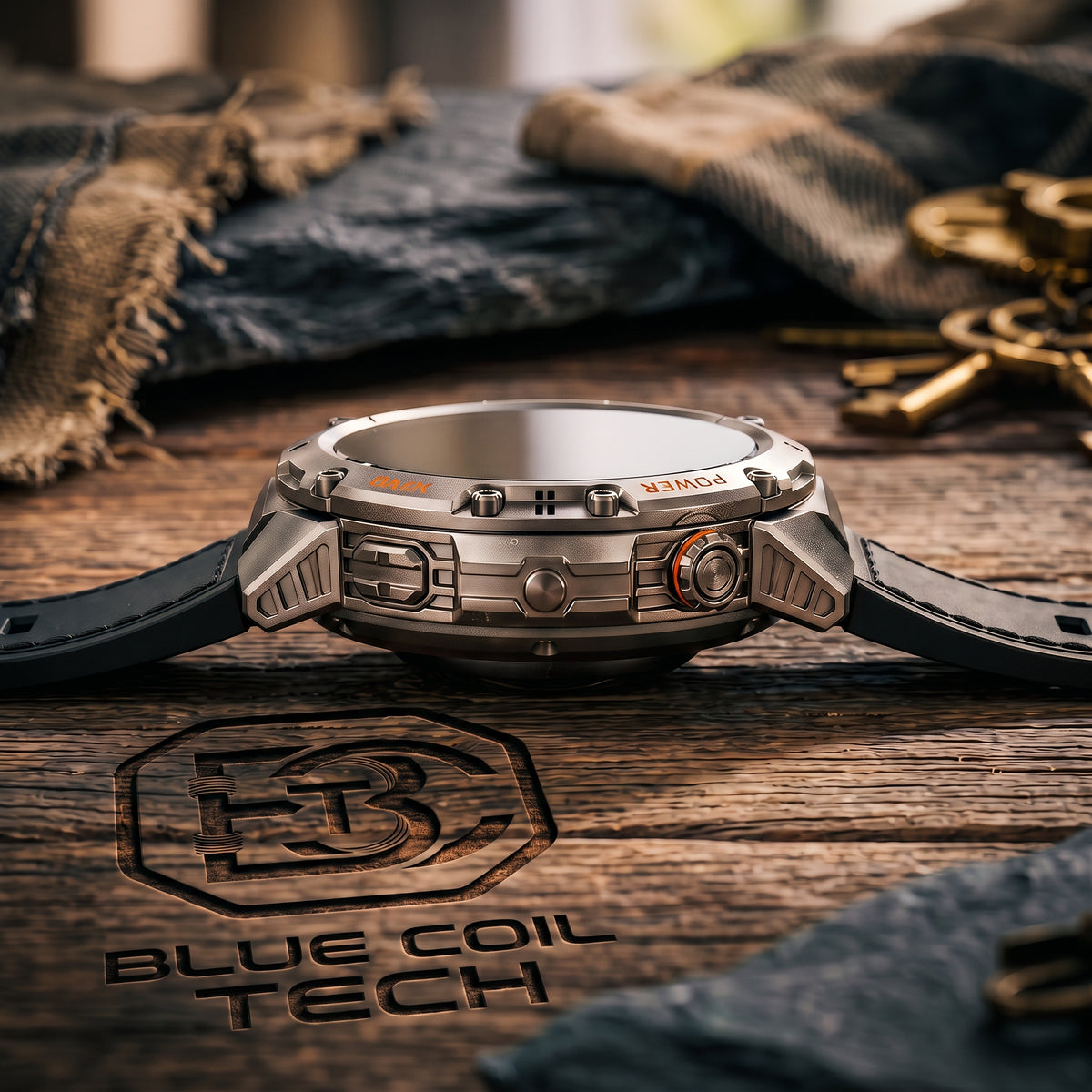 A rugged smartwatch with a metallic silver and bronze-toned case and a dark strap, photographed on a wooden surface with a branded Blue Coil Tech logo in the foreground and fabric/keys in the background.