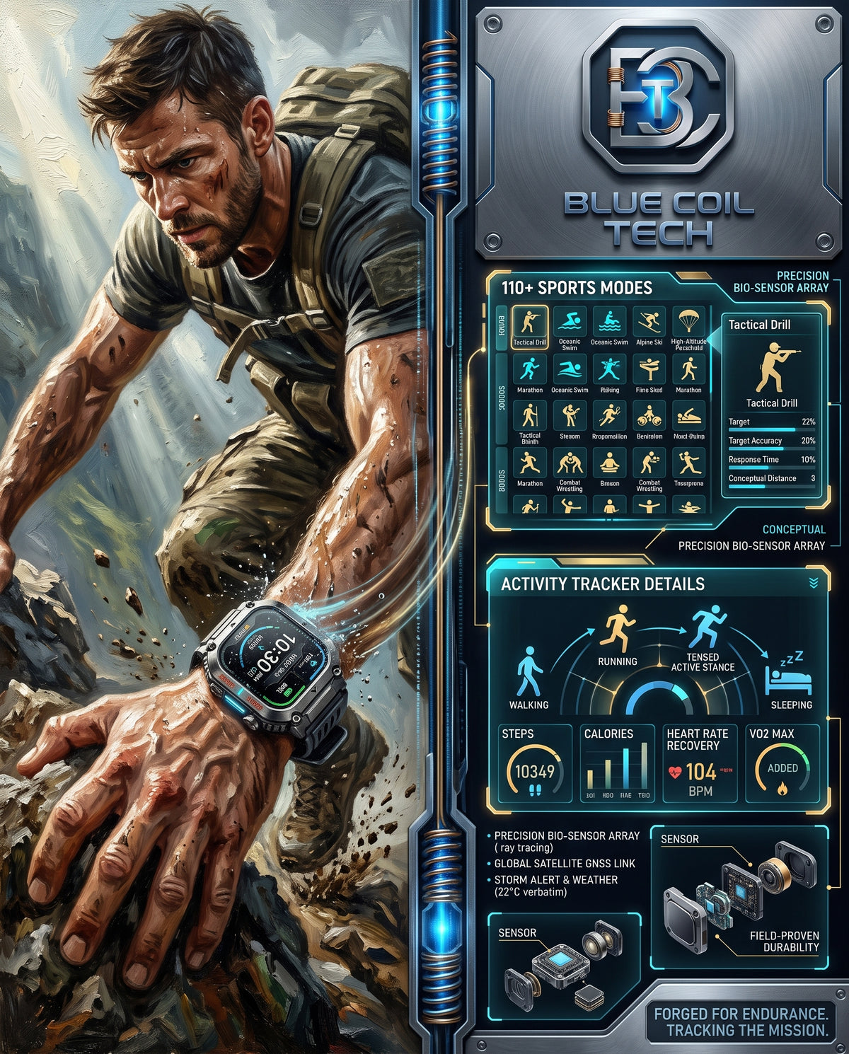 A rugged fitness watch with a dark gray and black strap is shown worn on a man's wrist in an action scene. The watch face displays a blue and black digital interface with metrics like steps, calories, heart rate, and battery level.