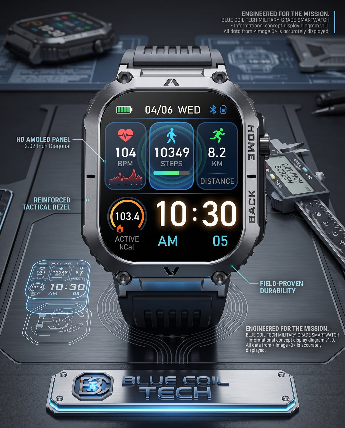 A rugged smartwatch with a dark gray metallic case and black strap, shown on a futuristic blue-gray technical background with labeled callouts and branding for Blue Col Tech.
