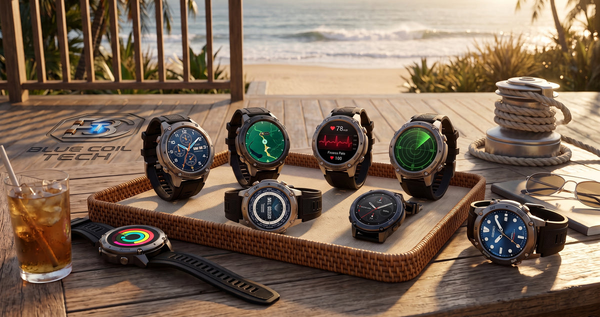 A group of rugged smartwatches with black and dark gray cases and colorful digital watch faces, displayed on a woven tray on a wooden table with a beach and ocean background.