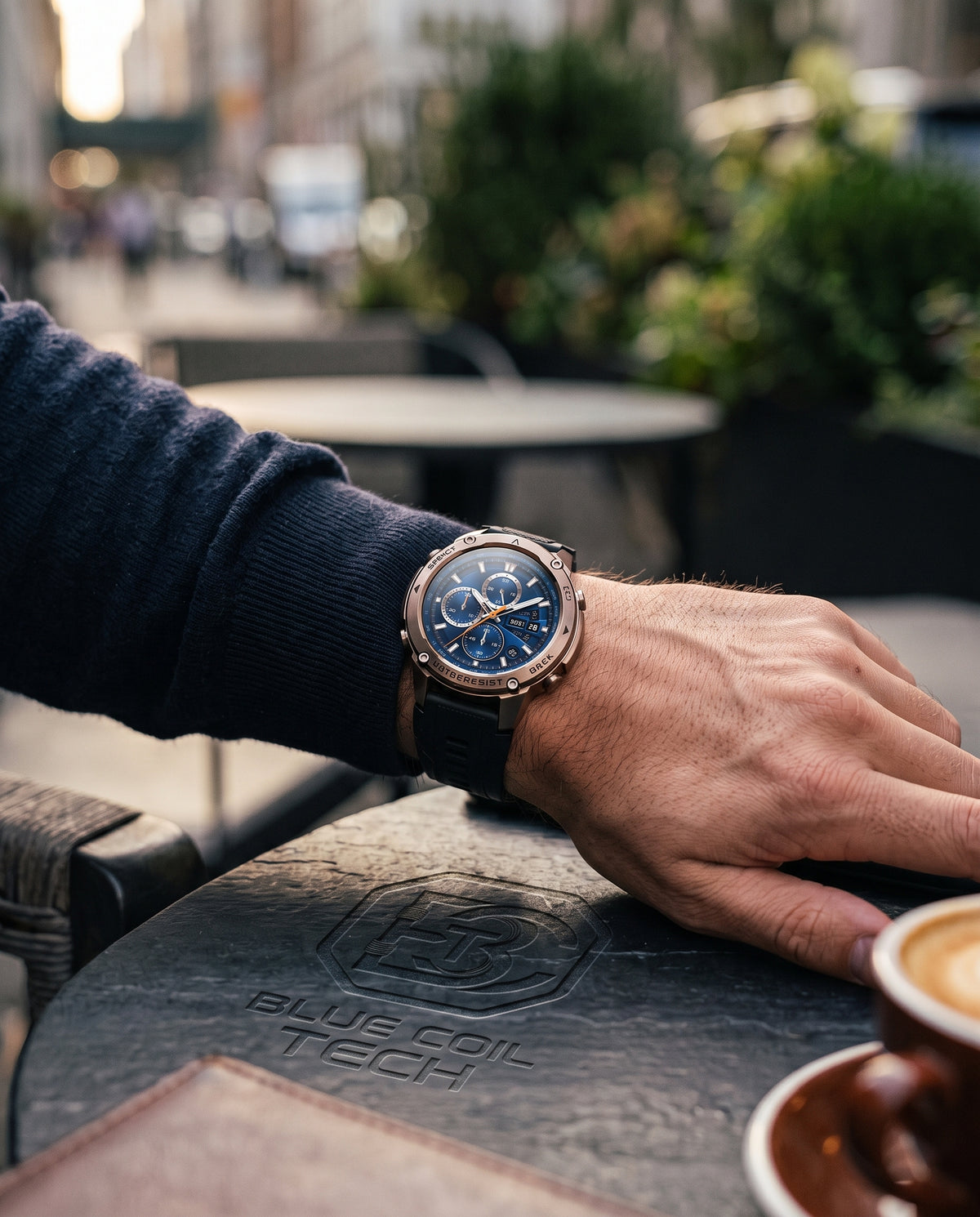 A close-up lifestyle shot of a man's wrist wearing a luxury chronograph watch with a blue dial and rose gold case, resting on a dark outdoor cafe table with a blurred city street background.
