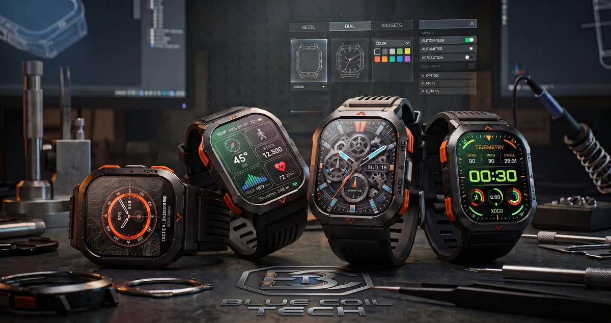 Four rugged smartwatches with black and orange protective casings are displayed on a dark workbench with technical tools and screens in the background. The watches feature different digital watch faces and are branded with the Blue Tech logo on the surface.