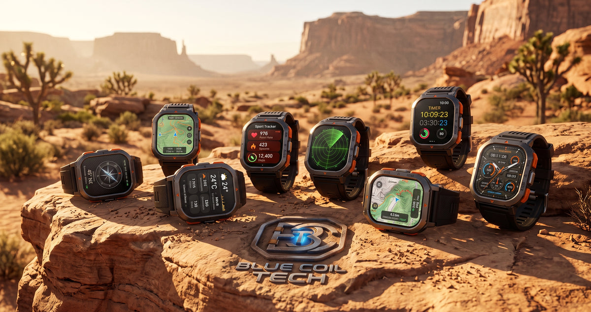 Eight rugged smartwatches with black and orange bezels are arranged on a large rock in a desert canyon landscape. The watches display various digital interfaces, and a Blue Coil Tech logo is embossed on the rock below them.