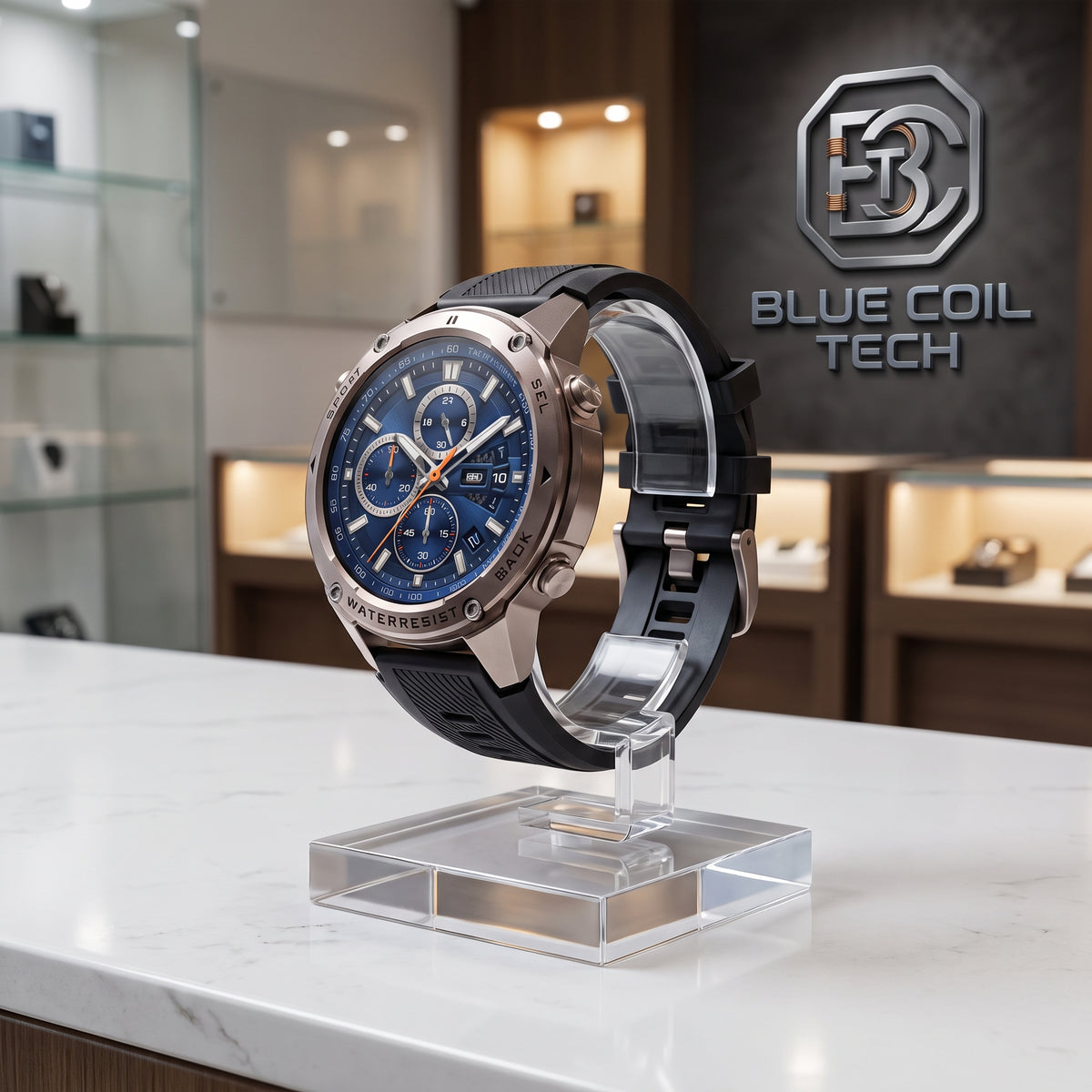 A stainless steel smartwatch with a blue dial and black strap, displayed on a clear acrylic stand on a white marble counter. The background shows a blurred watch store interior with a 'BLUE COIL TECH' logo on the wall.