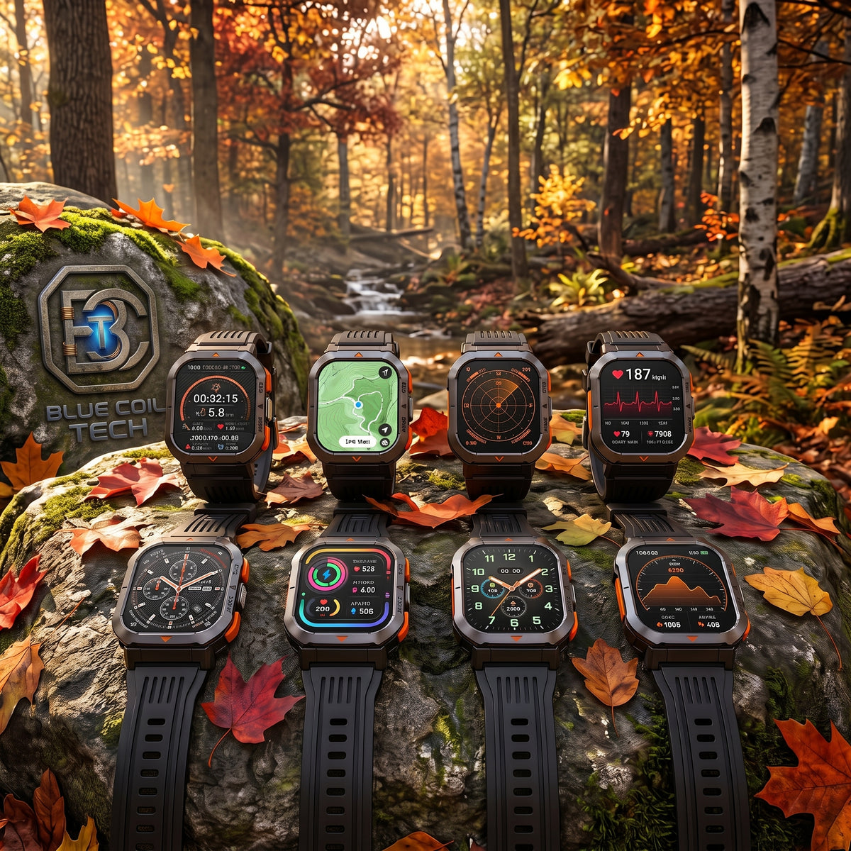 Eight rugged smartwatches with black and orange bezels are arranged on a mossy rock in an autumn forest setting with fallen leaves. The watches display various digital fitness and navigation interfaces